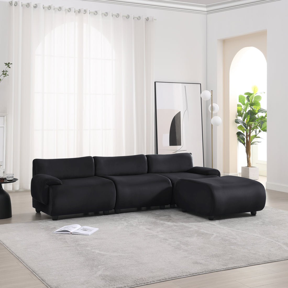 105" Lambswool Large 3 Seater Couch, Modern Modular L Shaped Convertible Sectional Sofa With Movable Ottoman, Deep Seat Cloud Couches For Living Room Apartment Office Black Black Solid Wood 4 Seat