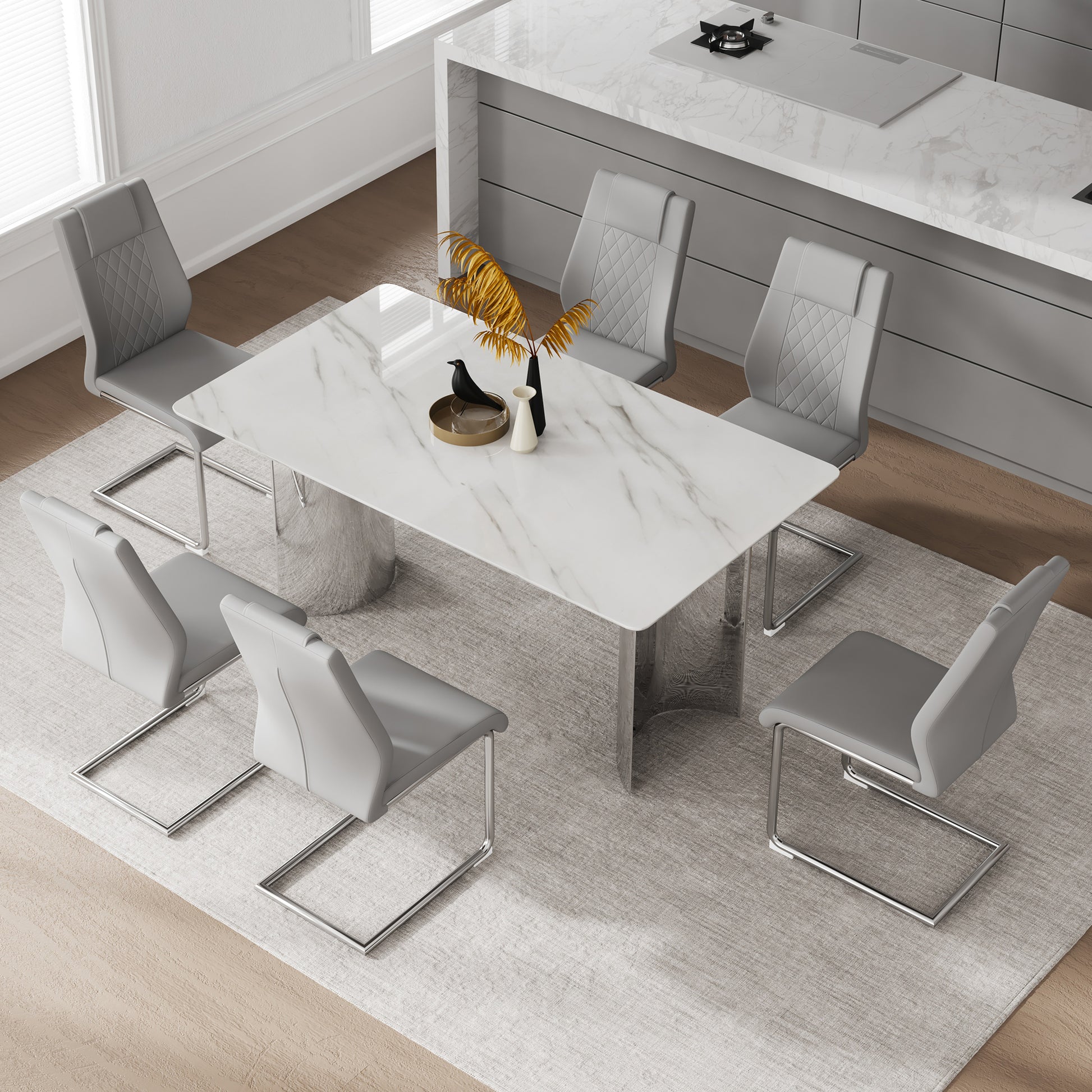 Table And Chair Set, Modern And Minimalist Dining Table. Imitation Marble Glass Sticker Desktop, Stainless Steel Legs, Stable And Beautiful. Comfortable Pu Seats. Dt 69 Silver Glass