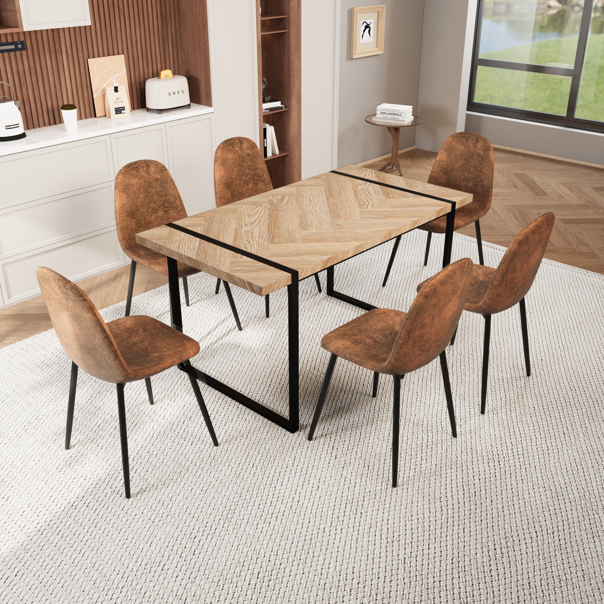 Mdf Light Wood Dining Table And Modern Dining Chair Set Of 8 Pieces, Medieval Wooden Kitchen Dining Table Set, Black Metal Base, Dining Table And Suede Chair Set Buy 6 Chairs And Get 2 Free Brown