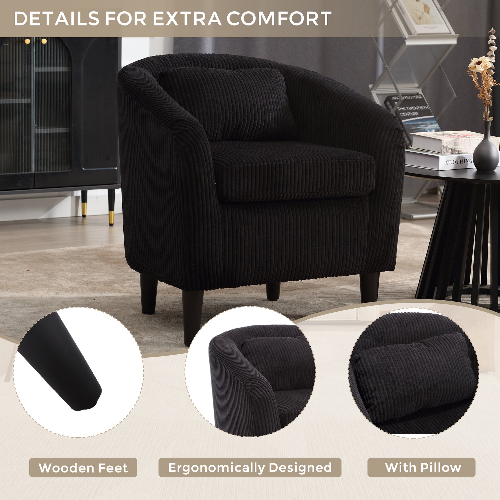 Coolmore Living Room Accent Barrel Chair, Century Modern Style Decorative Chair, Armchair For Living Room With Thick Cushions And Pillows, Comfy Single Sofa Chair, Chair With Wooden Legs,Black Black Corduroy