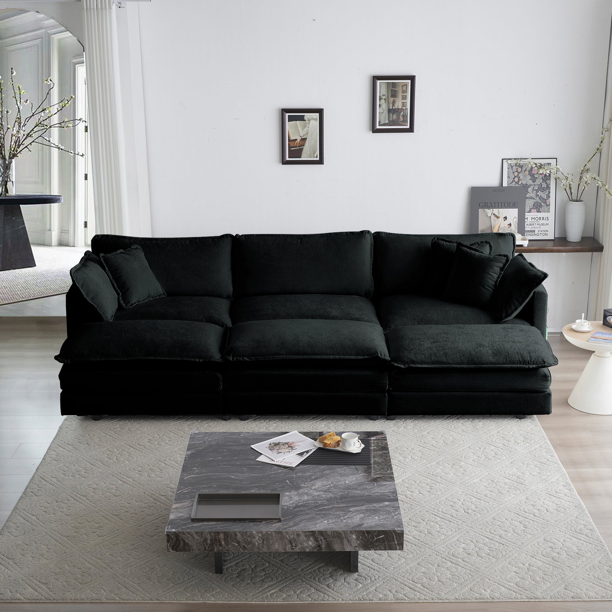 Comfortable Deep Seat Reversible Modular 6 Seater Sectional Super Soft Sofa U Shaped Sectional Couch With 3 Ottomans, 3 Toss Pillows And 2 Arm Pillows Black Chenille 3 Seat