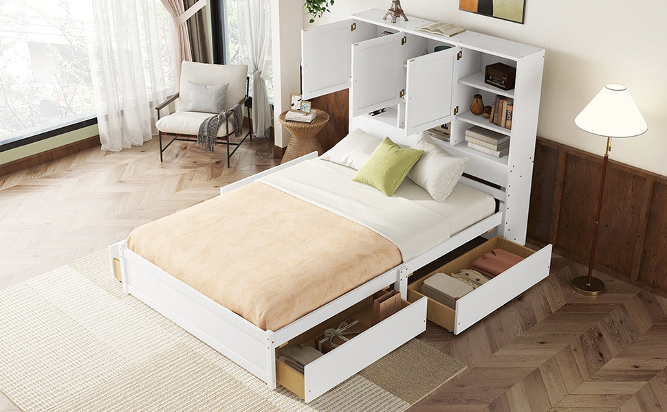Queen Size Platform Bed With Storage Headboard And 4 Drawers, White Box Spring Not Required Queen White Wood Bedroom Bed Frame Solid Wood Mdf