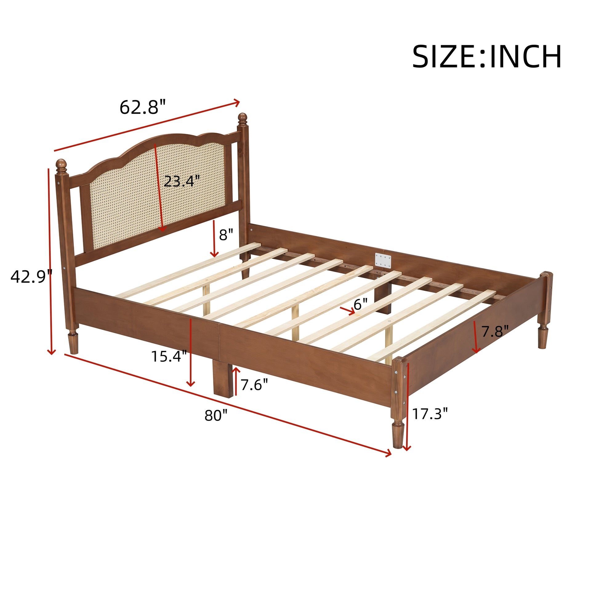 Queen Size Wooden Platform Bed With Natural Rattan Headboard, Vintage Bed Frame With Wooden Slat Support, Walnut Box Spring Not Required Queen Walnut Wood