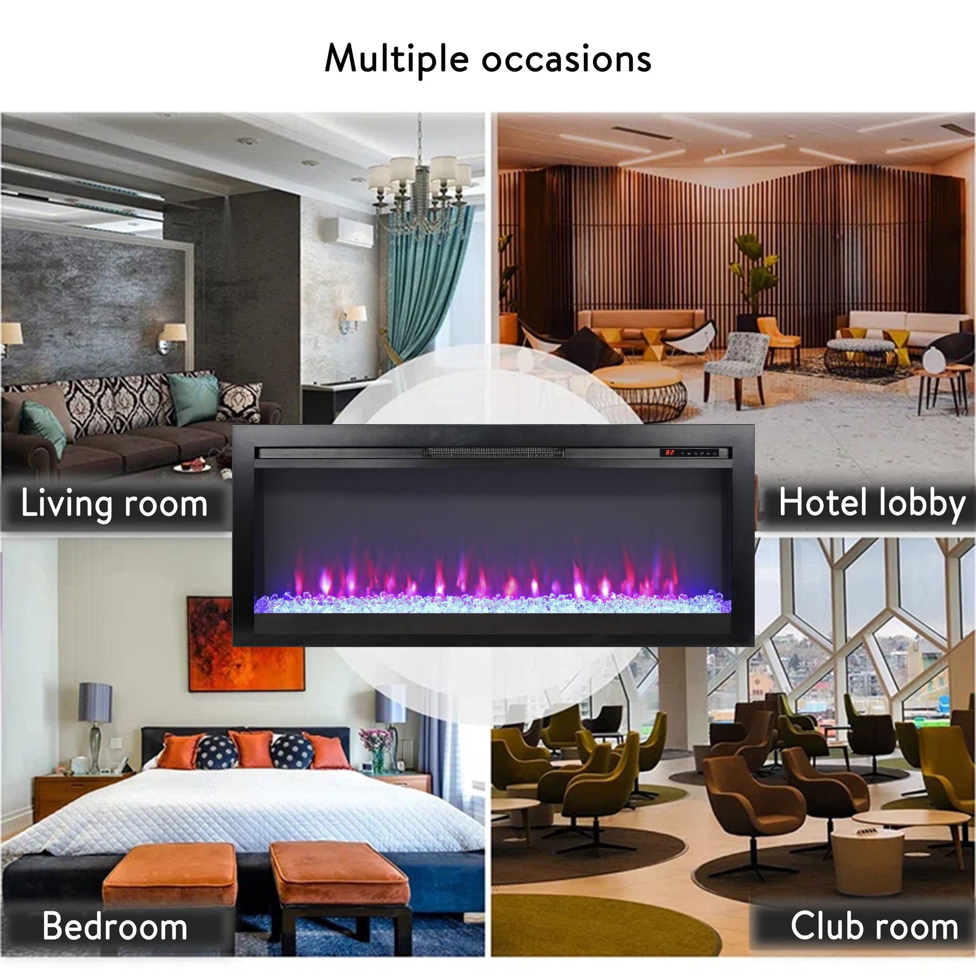 44 Inch In Wall Recessed Electric Fireplace With Remote And Multi Color Flame & Emberbed, Led Light Heater Powder Coated Electric Antique Black Vent Free Yes Insert Tempered Glass Sheet Metal
