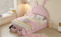 Full Size Upholstered Rabbit Shape Bed With 2 Storage Stools, Velvet Platform Bed With Cartoon Ears Shaped Headboard, Pink Full Pink Wood