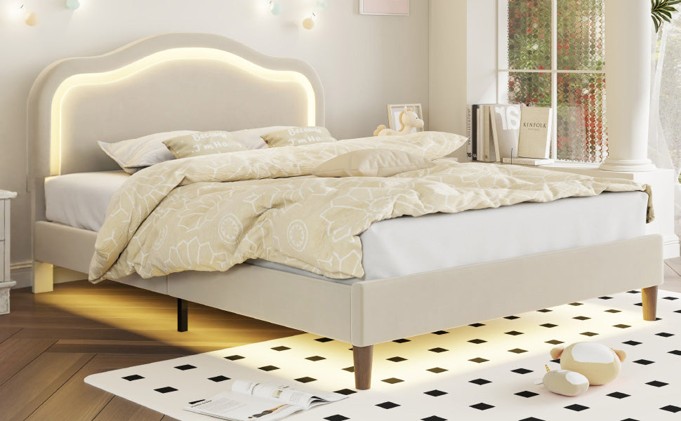 Queen Size Velvet Upholstered Smart Led Bed Frame With Adjustable Height Headboard,No Box Spring Needed,Easy Assembly,Beige Box Spring Not Required Queen Beige Wood Bedroom Cute,Modern Bed Frame Wood