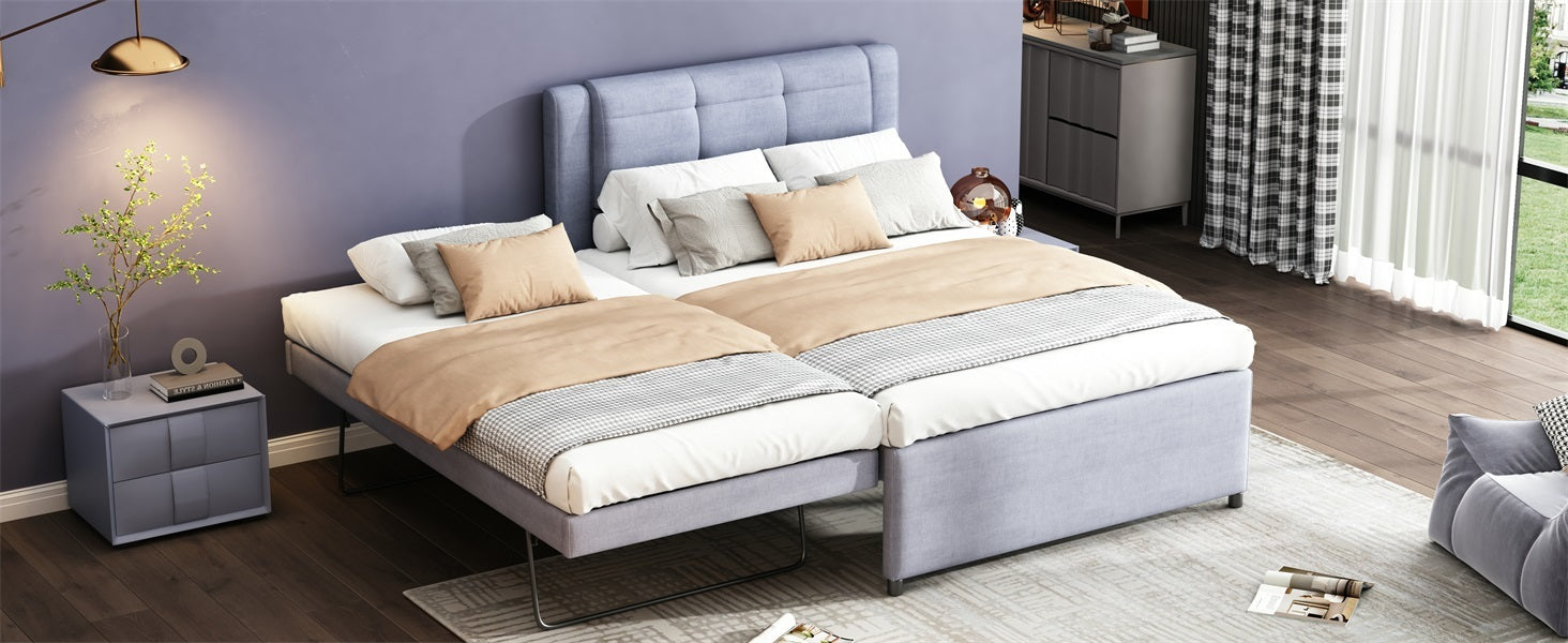 Full Size Upholstery Platform Bed With Trundle,Trundle Can Be Flat Or Erected, Gray Box Spring Not Required Full Gray Bedroom Linen Upholstered