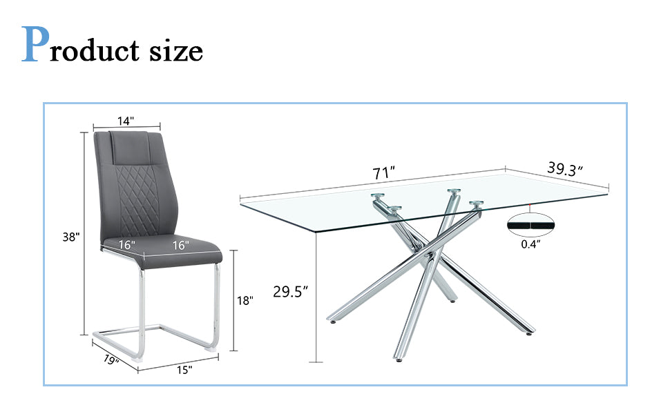 Table And Chair Set.Modern Luxurious Transparent Tempered Glass Dining Table Set With 8 Chairs.Single Fork Silver Metal Table Legs.Dark Gray High Quality Pu Dining Chairs With Silver Metal Legs.