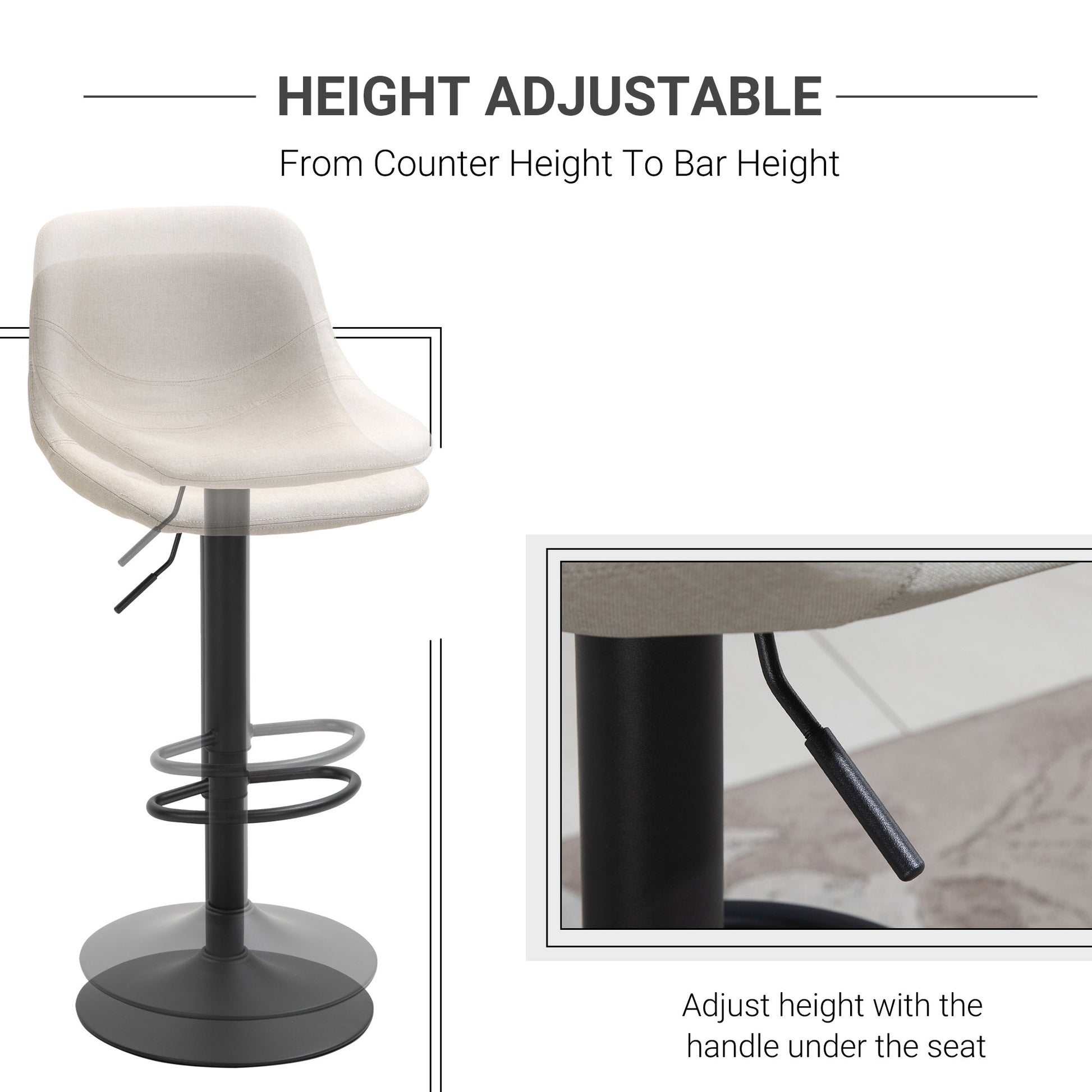 Homcom Adjustable Bar Stools, Swivel Bar Height Chairs Barstools Padded With Back For Kitchen, Counter, And Home Bar, Set Of 2, Cream White Cream White Linen