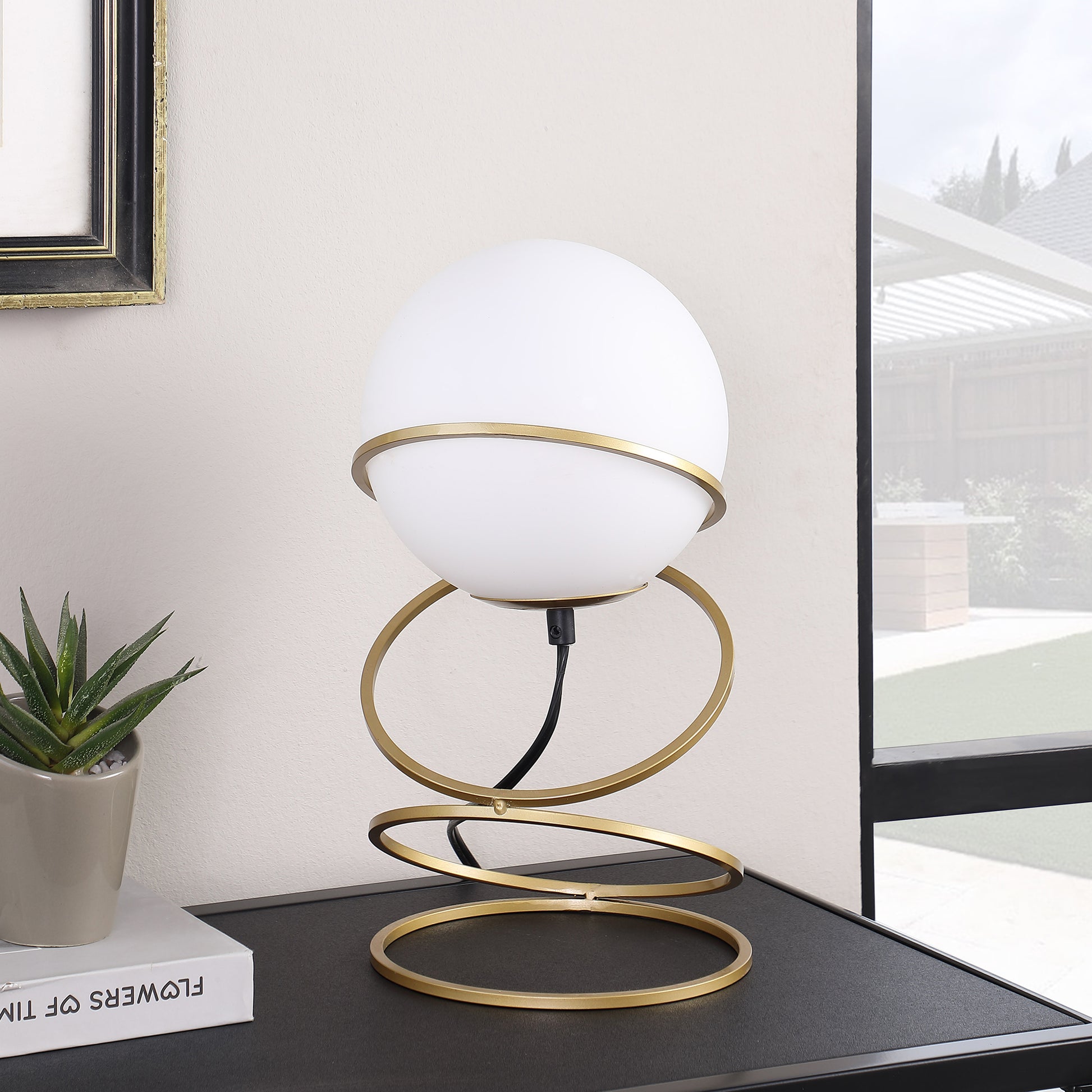 13.5" H Glass Globe Matte Gold Spiral 4 Ring Metal Stand Table Lamp For Living Room, Nightstand Bedside Table Lamp For Bedroom, Led Lamp Gold White Glass Metal