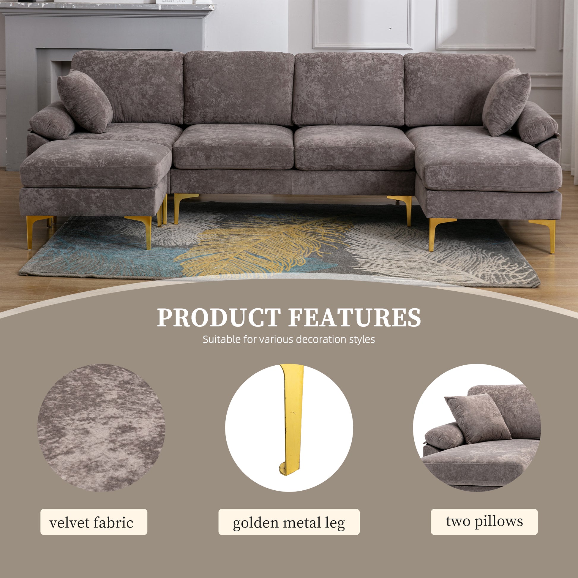 Coolmore U Shape Sectional Sofa With Ottomanreversible Sofa Couch For Living Room,Spacious Furniture,Durable Couch Removable And Machine Washable Cover Grey Velvet Grey Primary Living Space Foam Velvet 4 Seat