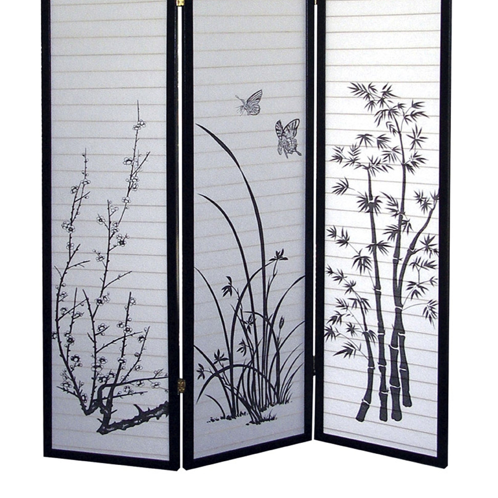 70" Tall 3 Panel Screen Room Divider, Floral Design With Black Finish Black Wood