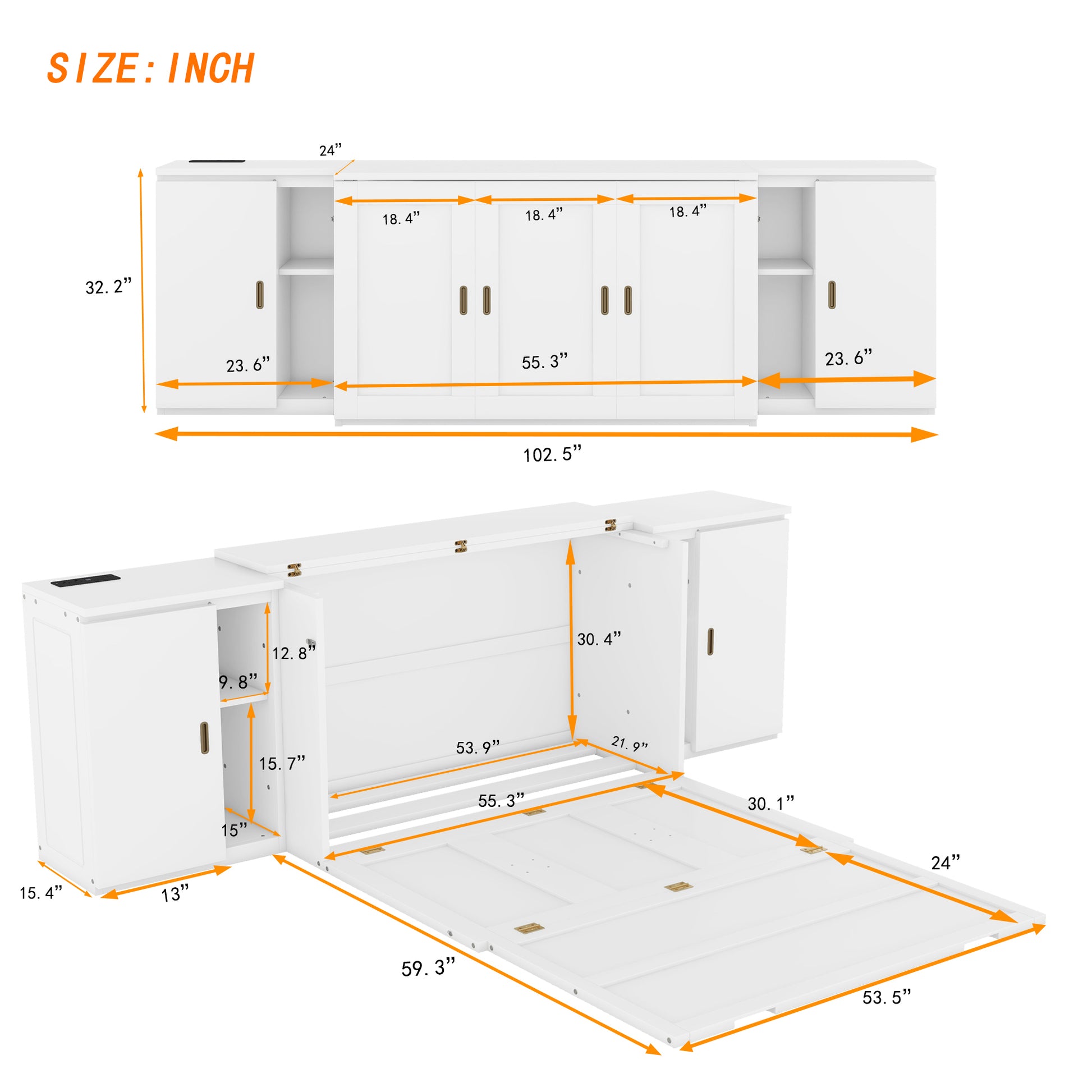 Full Size Murphy Bed With Shelves, Cabinets And Usb Ports,White White Mdf Lvl