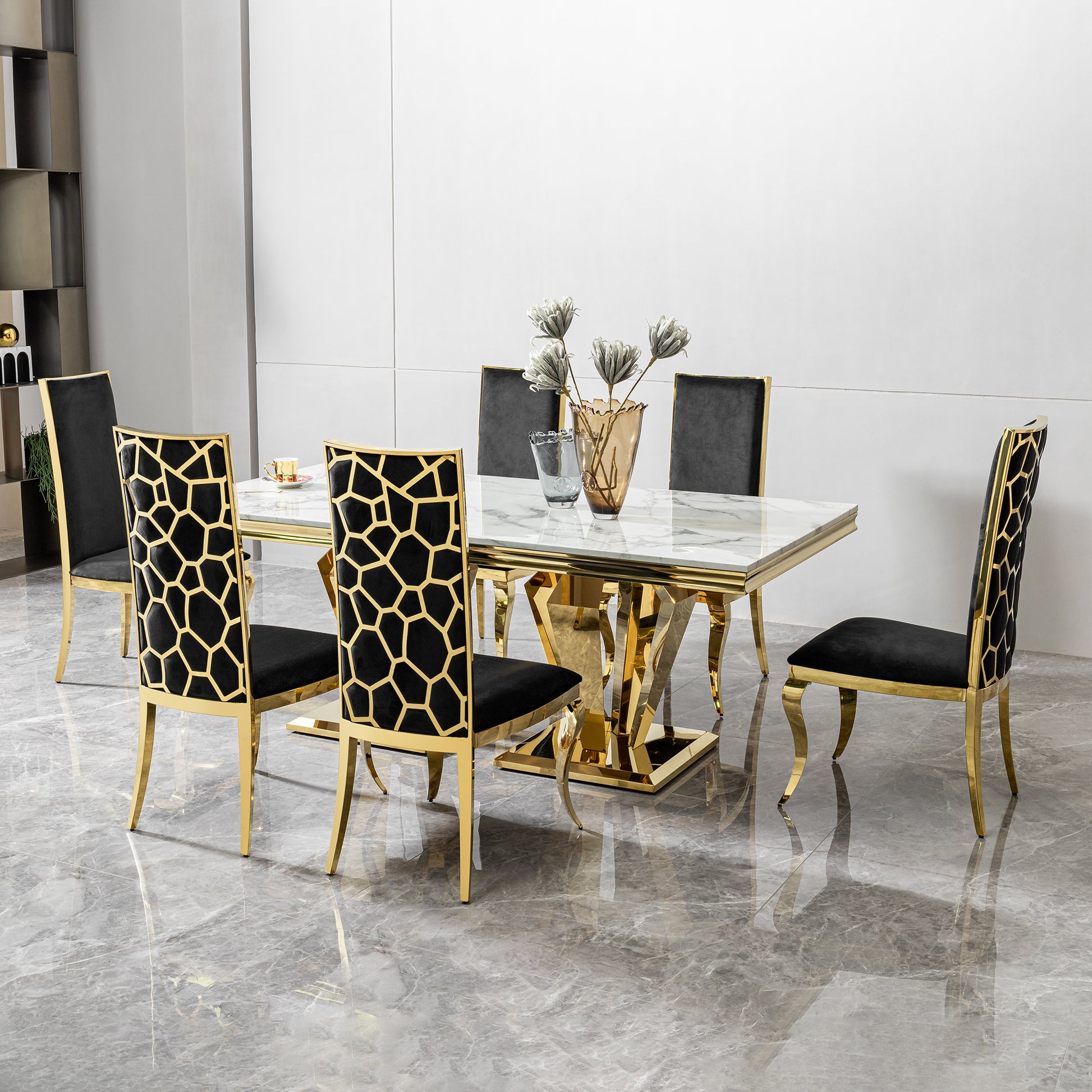 Dining Table For 6 Or 8, Rectangular 78.74" L X 39.37" W X 29.92" H Gold Polished Stainless Steel Base Mdf Marble Top Gold Seats 6 Dining Room Modern Kitchen & Dining Tables Rectangular Stainless Steel