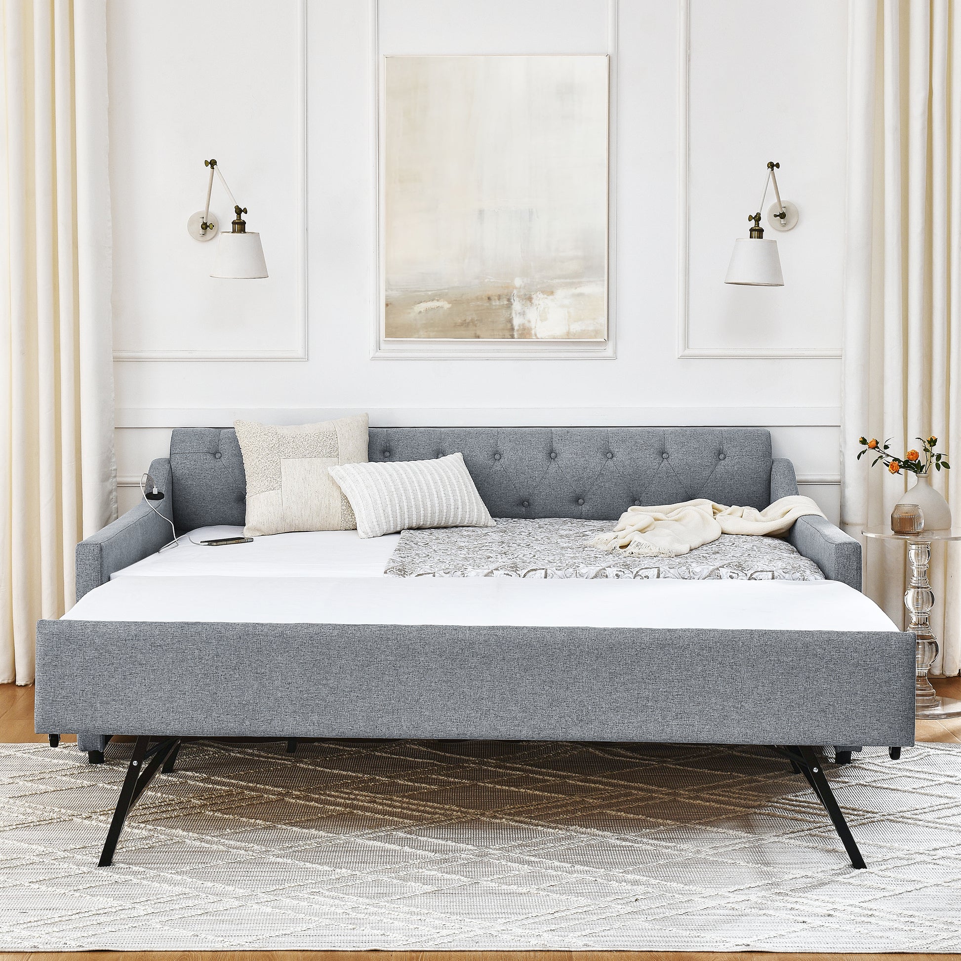 Full Size Upholstery Daybed With Twin Size Erectable Trundle And Usb Charging Design, Linen Grey Box Spring Not Required Full Grey Linen Linen