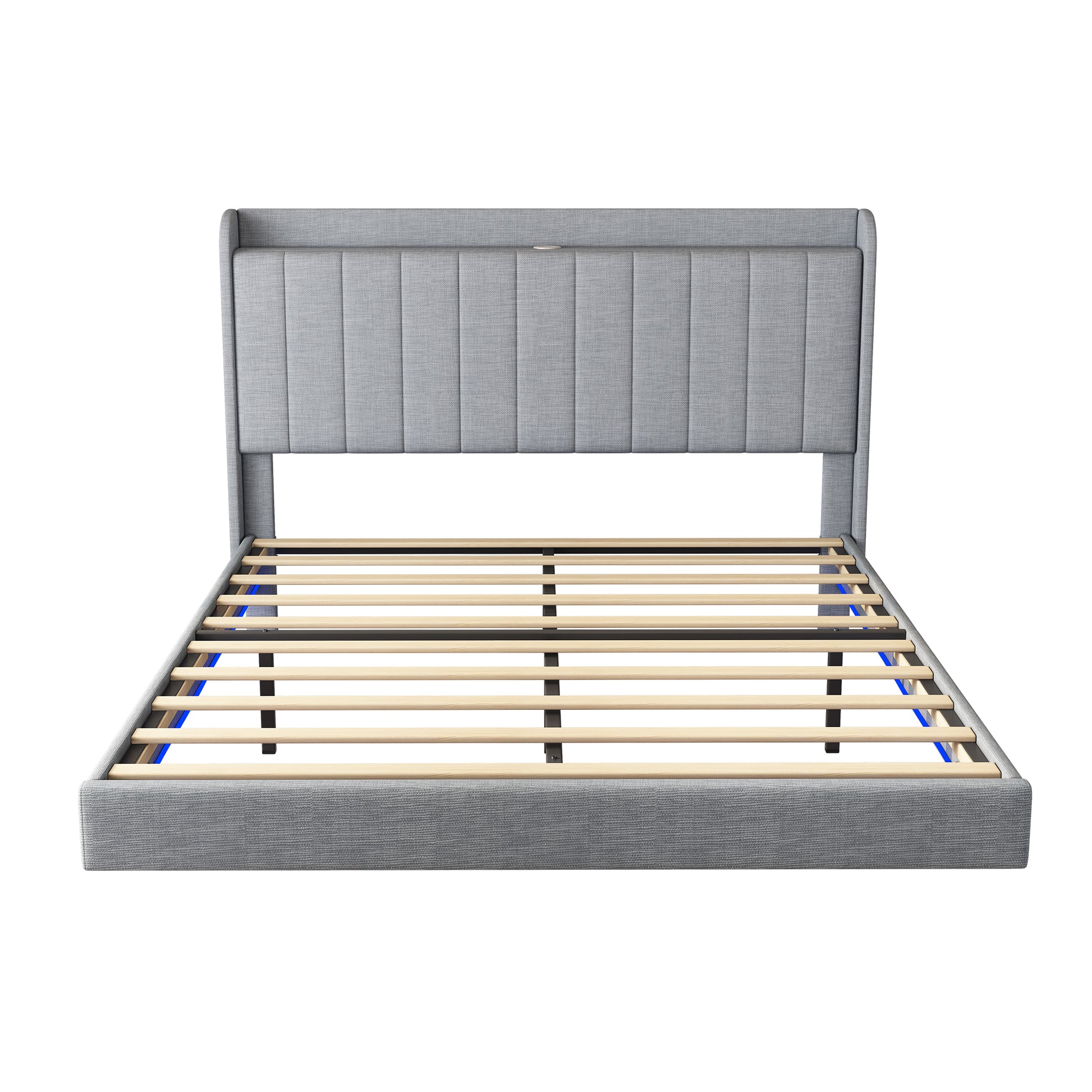 Queen Size Floating Bed Frame,With Remote Control Led Lights With Appwood Platform Light Grey Queen Light Grey Fabric Metal