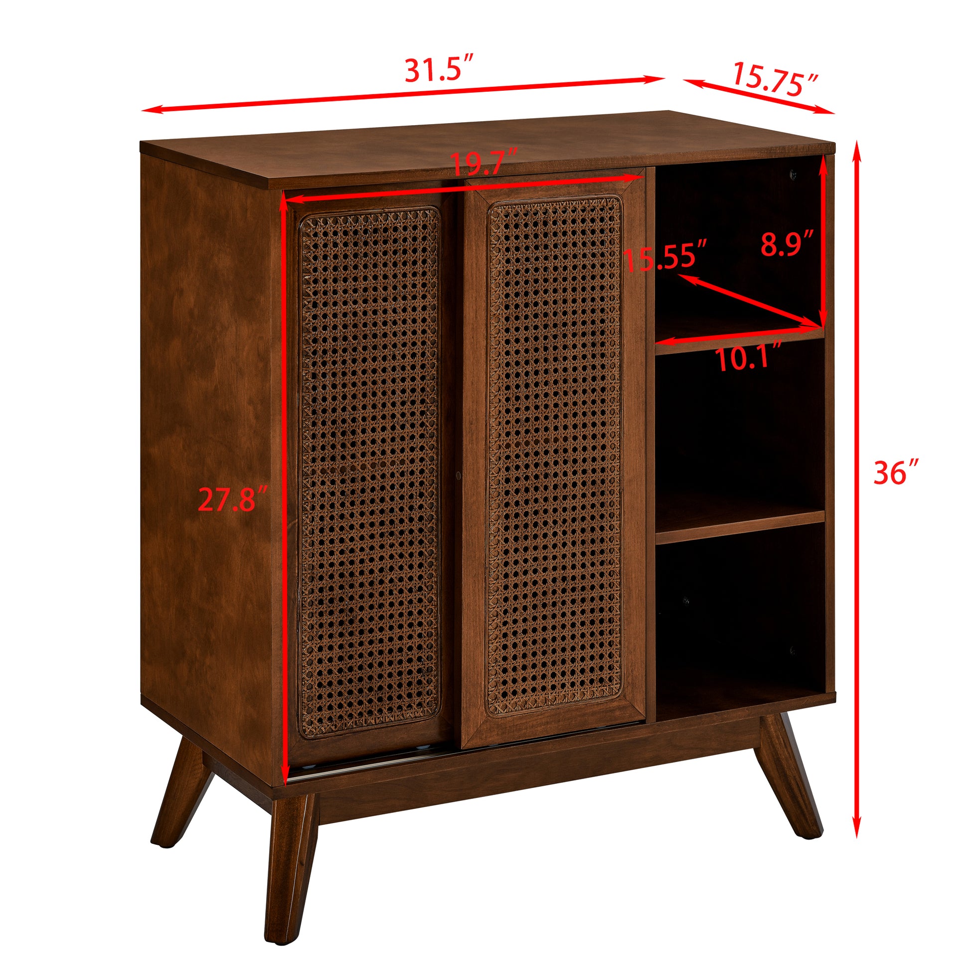 Mid Century Modern Rattan Sideboard Cabinet, Buffet Cabinet For Entryway Hallway Living Room Kitchen Dining Room Bedroom, Adjustable Shelf & Solid Wood Feet & Rattan Cabinet Doors Dark Wood Walnut Mdf