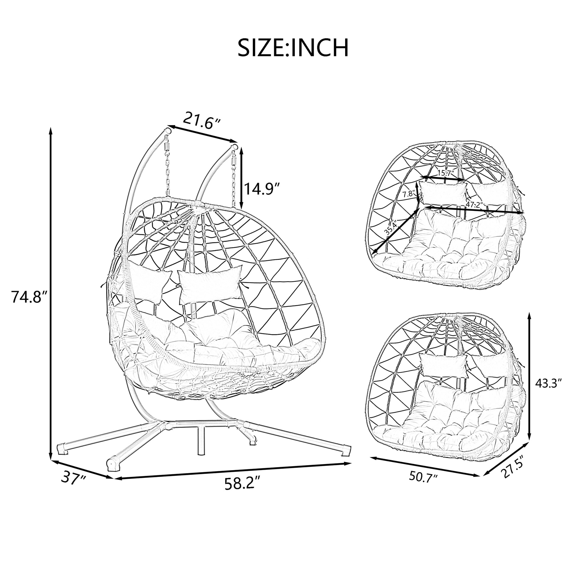 2 Persons Egg Chair With Stand Indoor Outdoor Swing Chair Patio Wicker Hanging Egg Chair Hanging Basket Chair With Stand For Bedroom Living Room Balcony Gray Steel