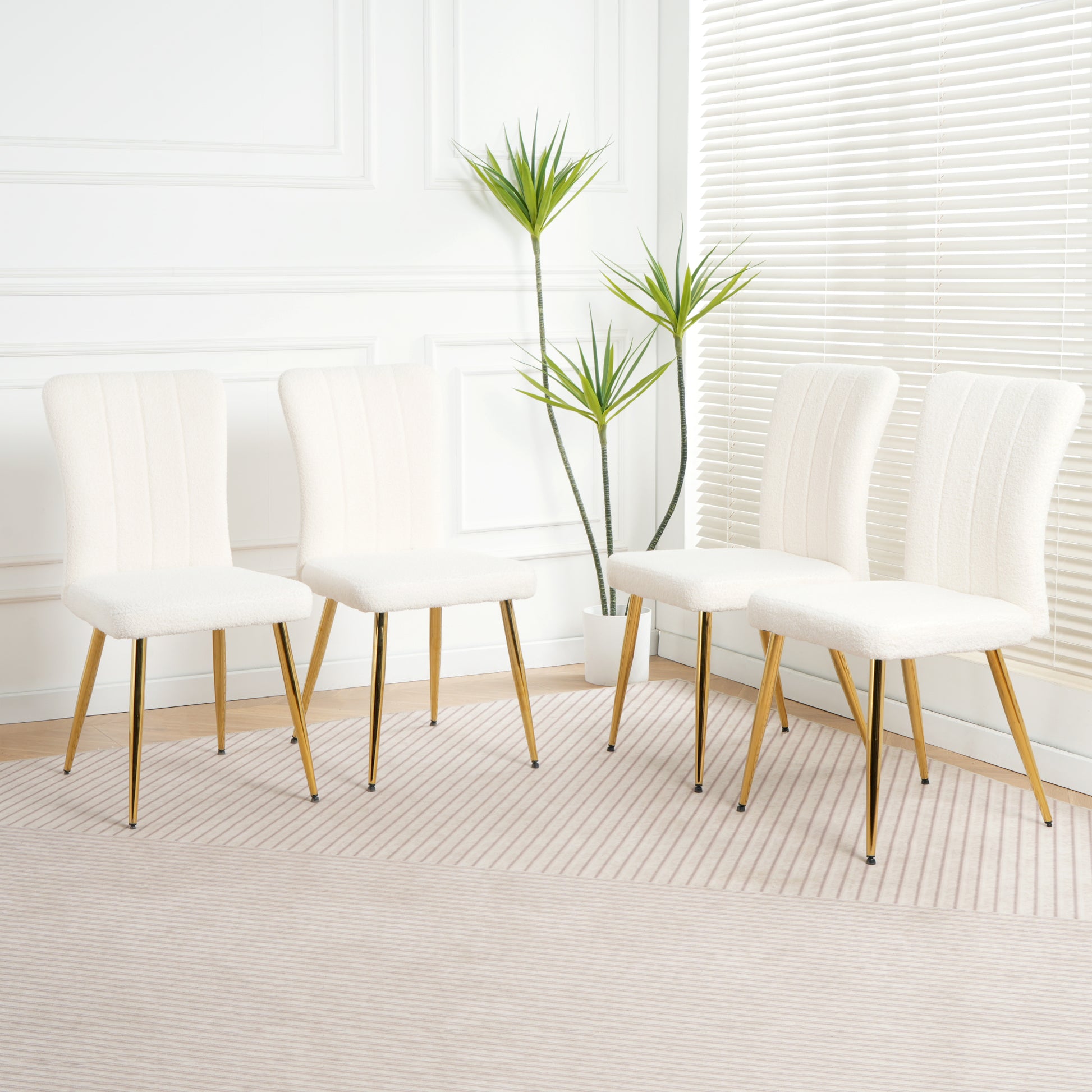 Modern White Teddy Wool Dining Chair, Upholstered Chair With Fabric Accent Side Chair With Gold Plated Metal Legs For Family Furniture Living Room, Bedroom, Kitchen, Dining Room Set Of 4 Metal White