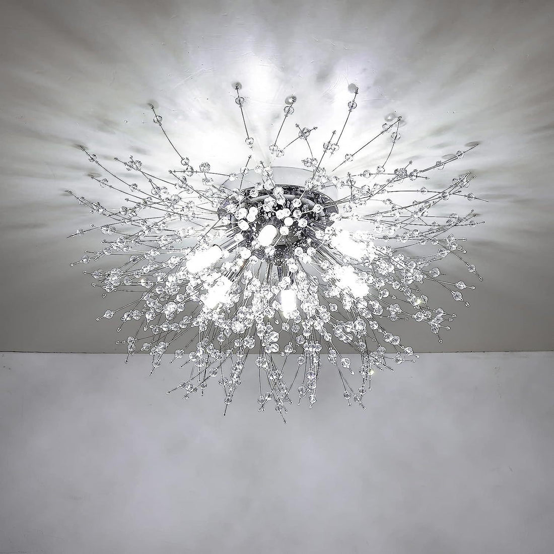 Crystal Flush Mount Ceiling Light, Modern Sputnik Firework Close To Ceiling Lamp, Led Ceiling Light Fixtures For Bedroom Kitchen Island Entryway Hallway Foyer Silver Crystal