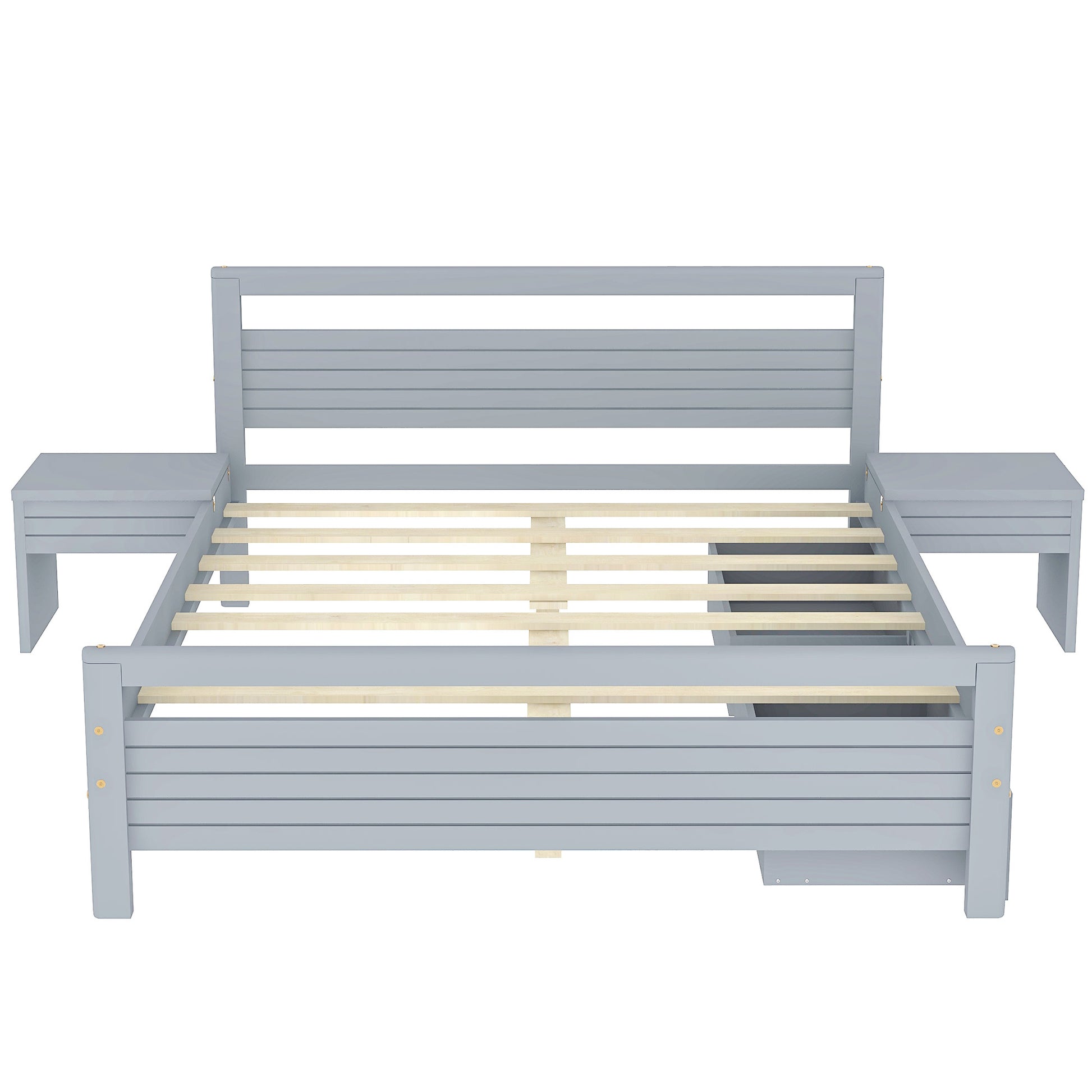 Queen Size Wooden Platform Bed With 2 Storage Drawers And 2 Bedside Tables, Gray Queen Gray Pine