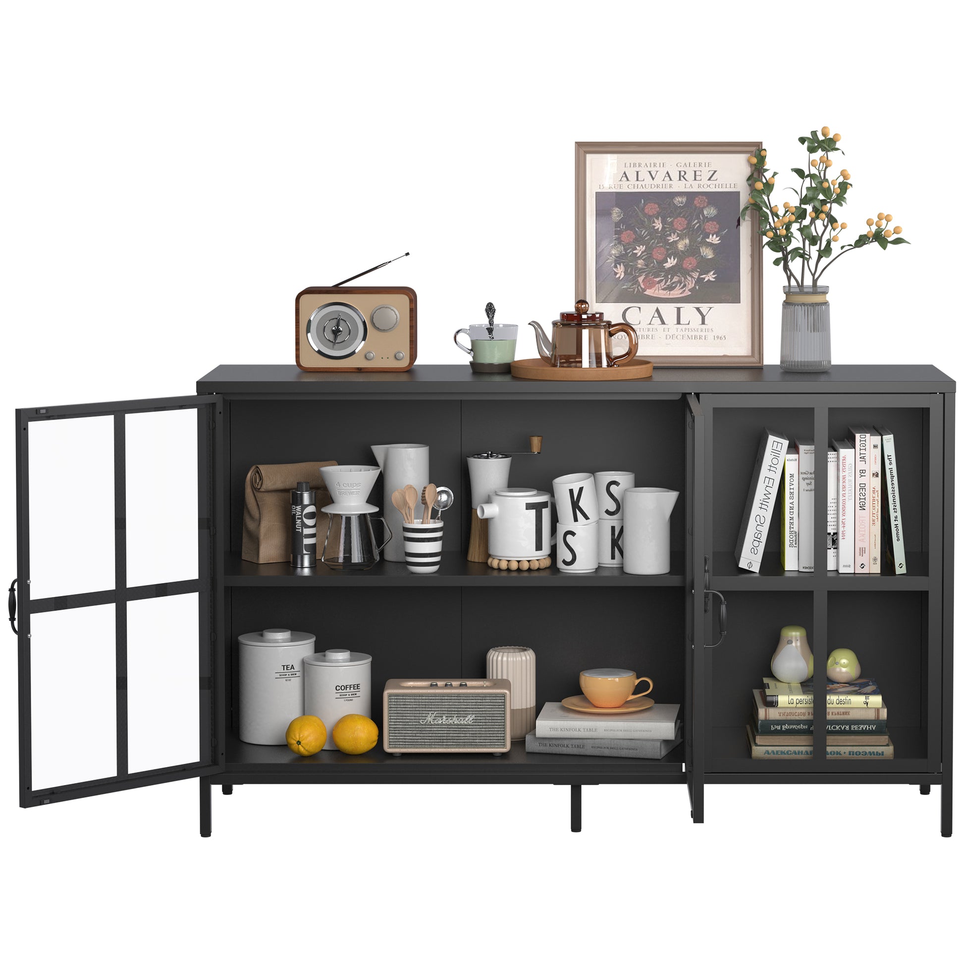 Heavy Duty Metal Modern Sideboard Buffet Cabinet With Storage Premium Steel Storage Cabinet ,Adjustable Feet,Glass Doors,Large Capacity Organizer For Living Room,Bed Room,Dining Room Accent Chests 3 4 Spaces Antique Black Primary Living Space Glass Doors