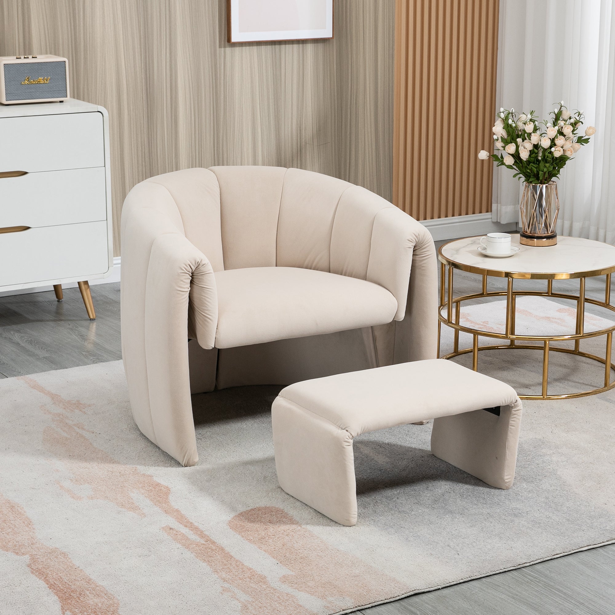 Coolmore Accent Chair With Ottoman, Mid Century Modern Barrel Chair Upholstered Club Tub Round Arms Chair For Living Room Bedroom Office Beige Velvet Beige Foam Velvet