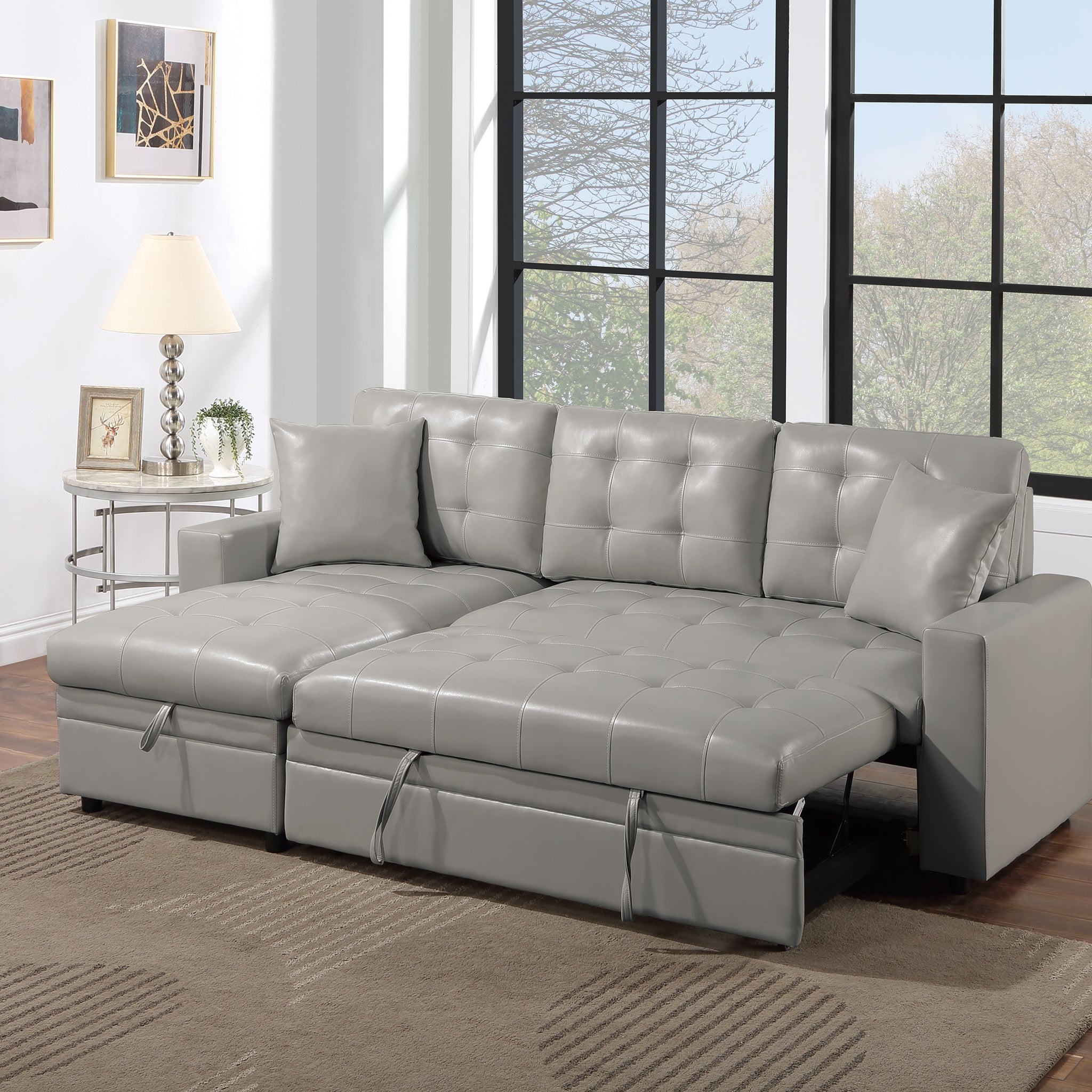 Light Gray Faux Leather Convertible Sectional Sofa Pull Out Bed Couch Storage Chaise Tufted Reversible 2Pc Sectional Living Room Light Gray Primary Living Space Tufted Back Contemporary,Modern L Shaped Square Arms Faux Leather 4 Seat