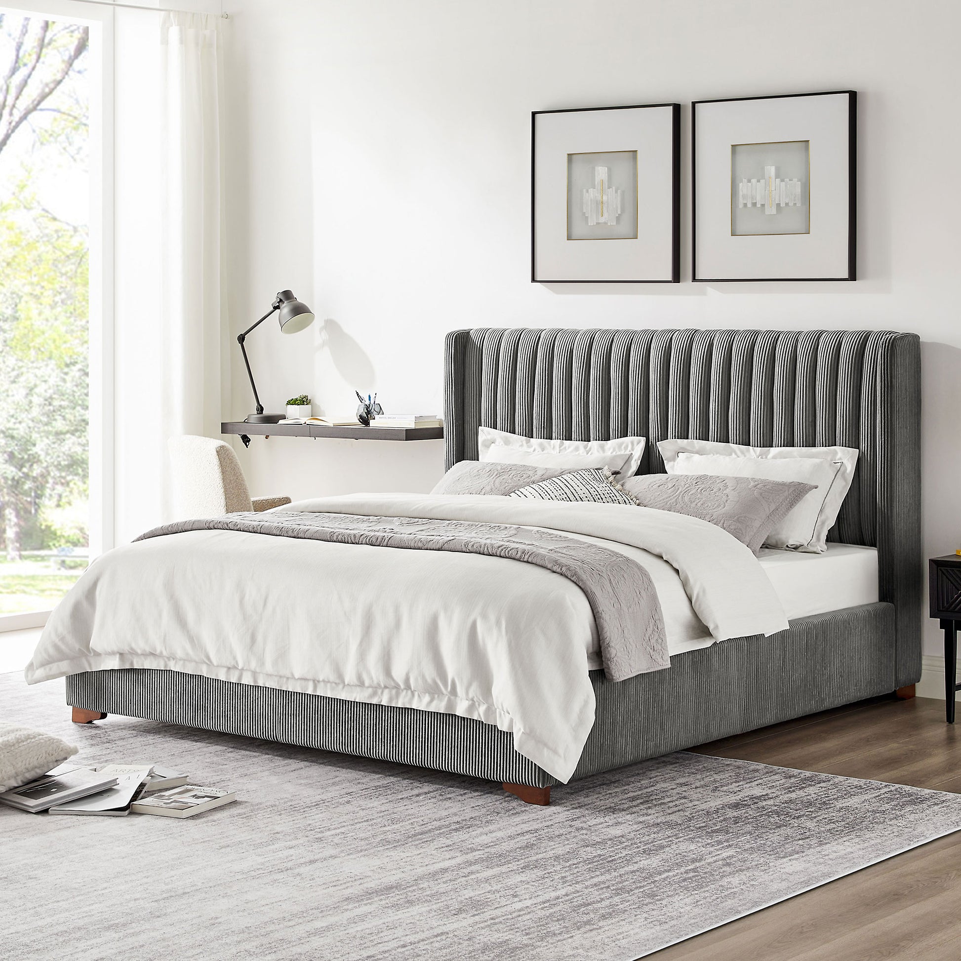 King Size Modern Design Bed Frame Upholstered Queen Bed Frame Platform With Headboard Corduroy Headboard Wooden Slats Support, No Box Spring Needed,Mattress Foundation,Dark Grey King Dark Grey Corduroy