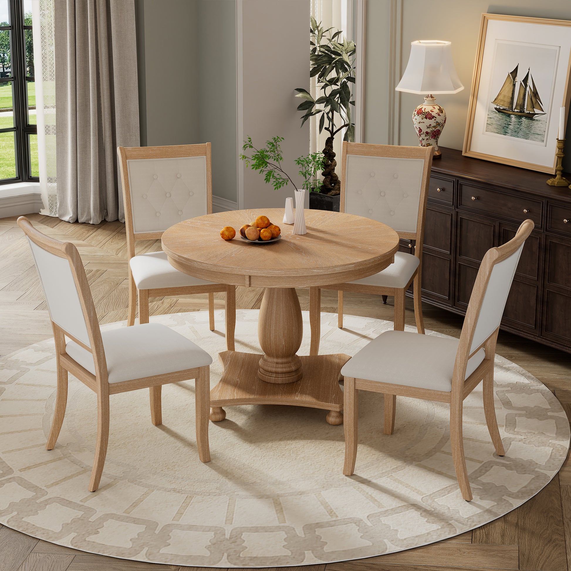 5 Piece Retro Dining Set, Round Table With Pedestal Table Base And 4 Upholstered Chairs For Dining Room And Kitchen Natural Wood Wash Natural Wood Wash Solid Wood Mdf
