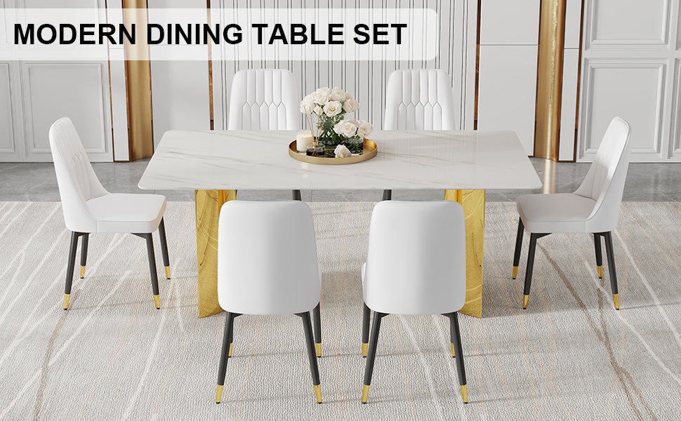 Table And Chair Set.The Table Has A Glass Top With Imitation Marble Pattern Stickers And Stainless Steel Golden Legs. Paried With Chairs With Pu Artificial Leather Backrest Cushions And Black Legs. White Gold Seats 6 Glass Metal