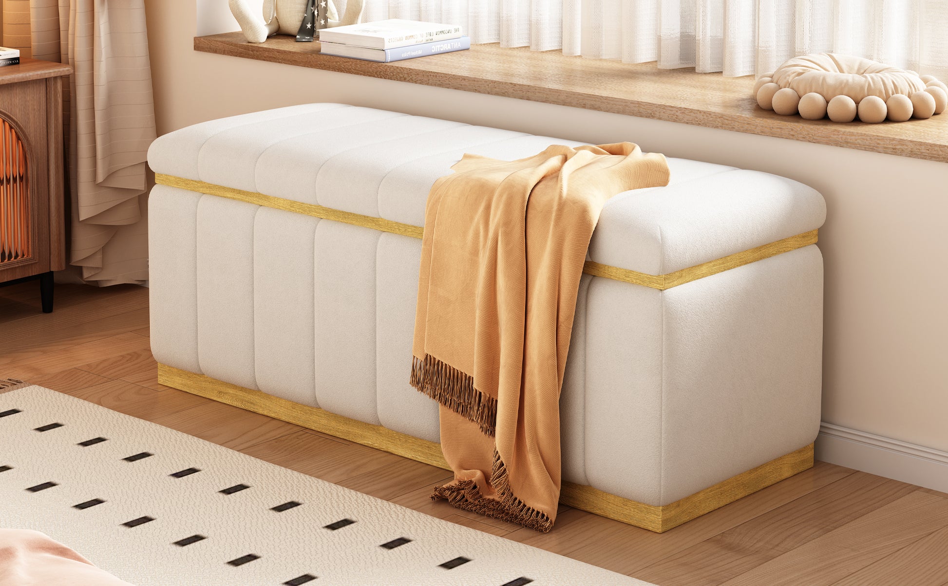 Linen Fabric Upholstered Solid Wood Frame Bench With Large Storage Space For The Living Room, Entryway And Bedroom,Beige, 40''X16''X17'' Beige Wood Oak Rectangle Internal Storage Fabric