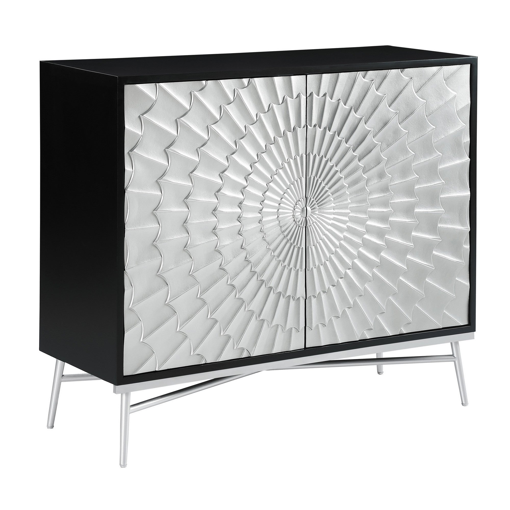 44 Inch 2 Door Accent Cabinet Console, Steel Legs, Silver Medallion, Black Black And Silver Metal