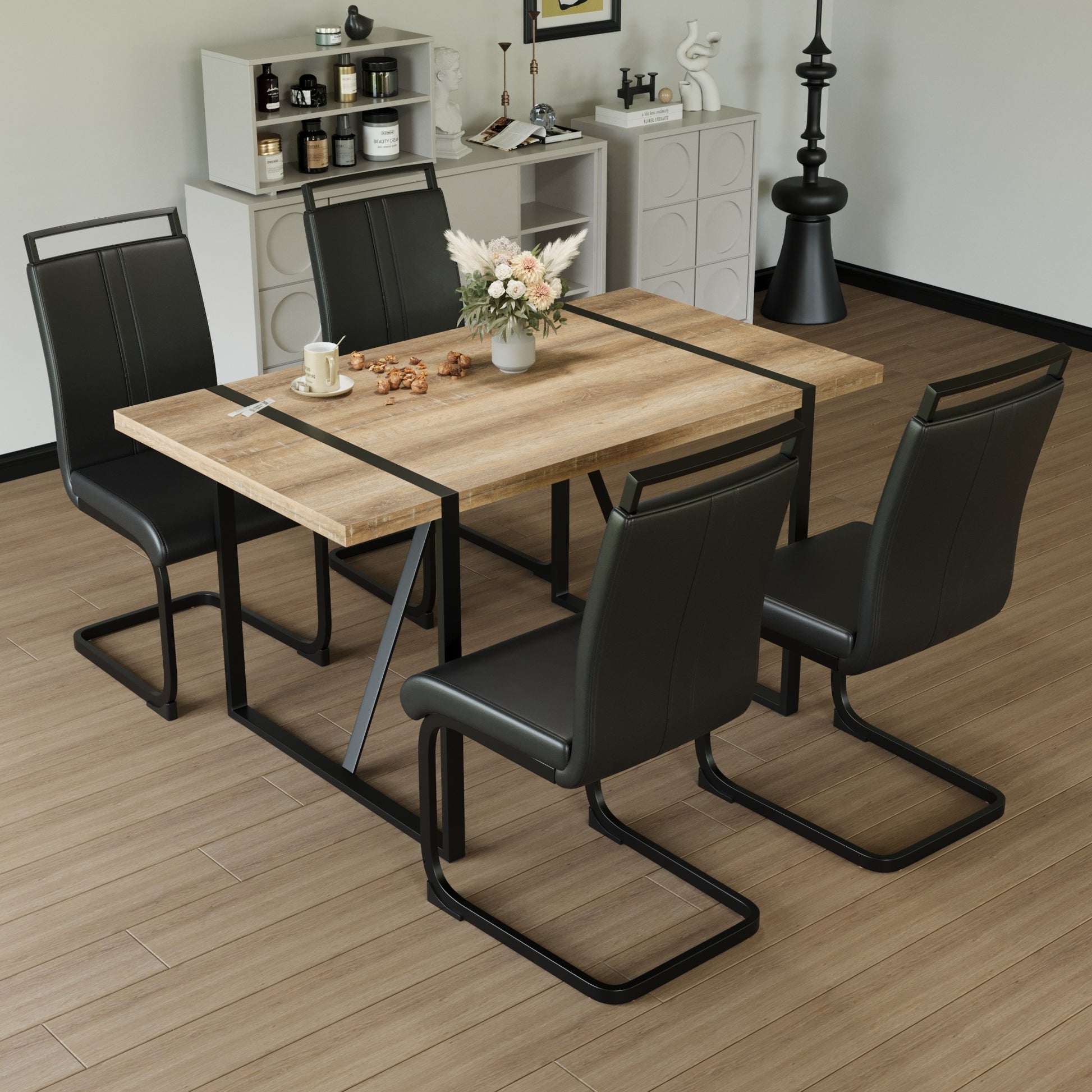 55 " Rural Industrial Rectangular Mdf Wood Dining Table Set And Pu Armless Dining Chair Set 4,Kitchen Black Metal Table Legs Dining Table And Chair Set Wood Seats 4 Mdf