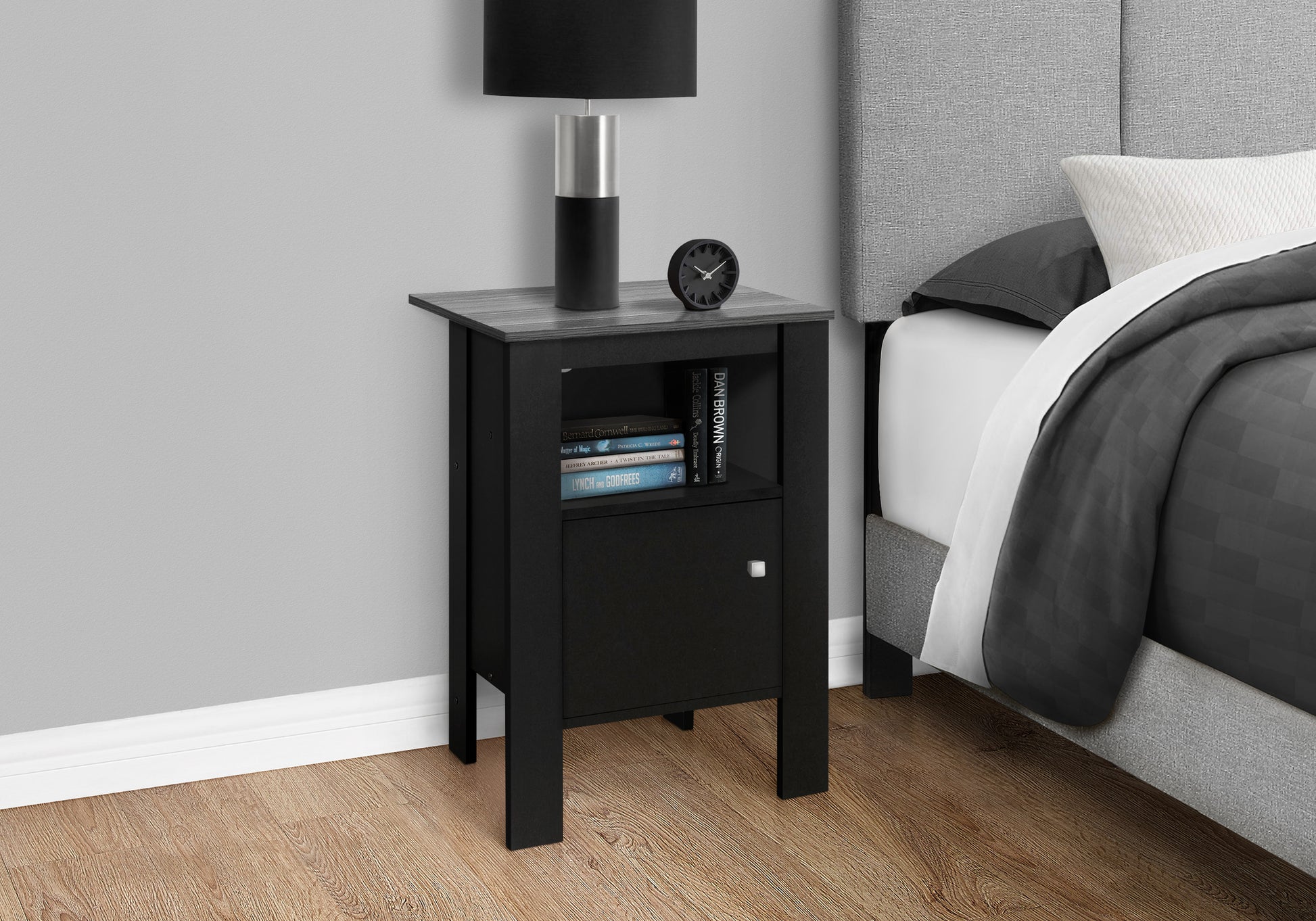 Accent Table, Side, End, Nightstand, Lamp, Storage, Living Room, Bedroom, Black And Grey Laminate, Transitional Black Particle Board