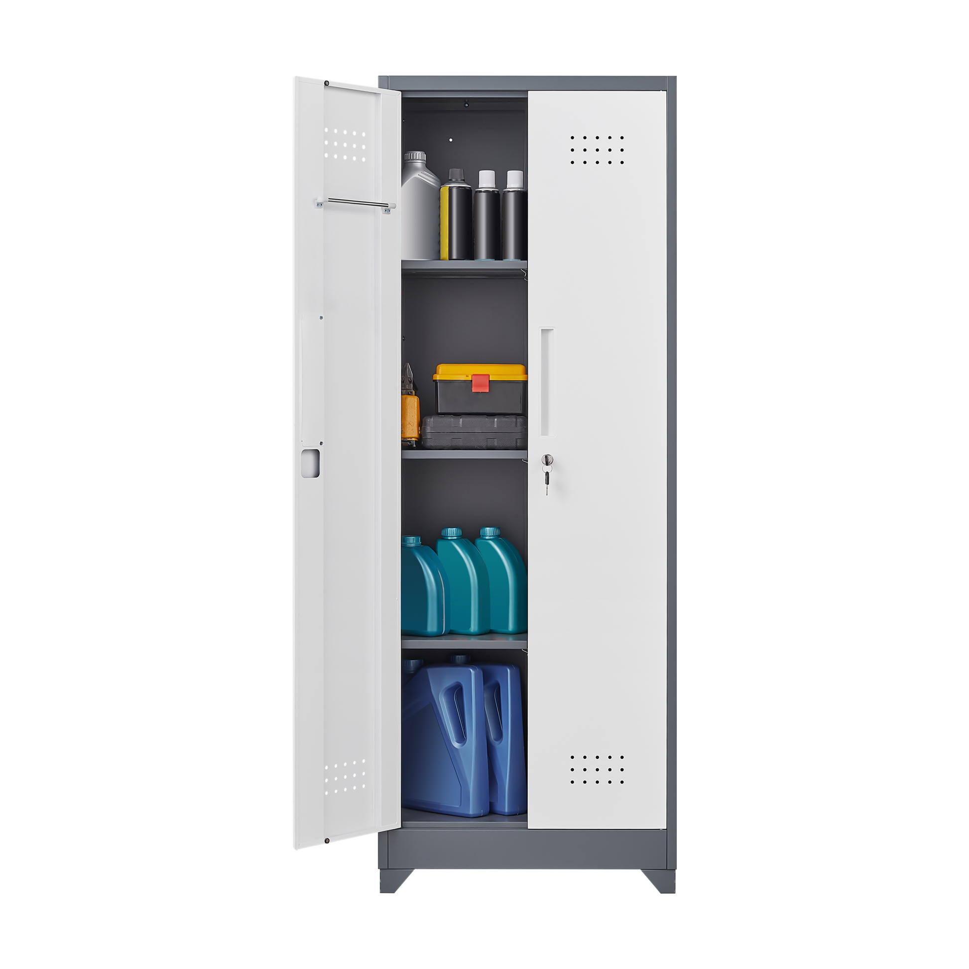 Metal Storage Cabinets, Cleaning Tool Cabinet With Locking Door, Tall Broom Tool Organizer And Storage, Large Storage Cabinet For Kitchen, Pantry, Office, Shop 3 4 Shelves Grey White Door Locks Modern Metal