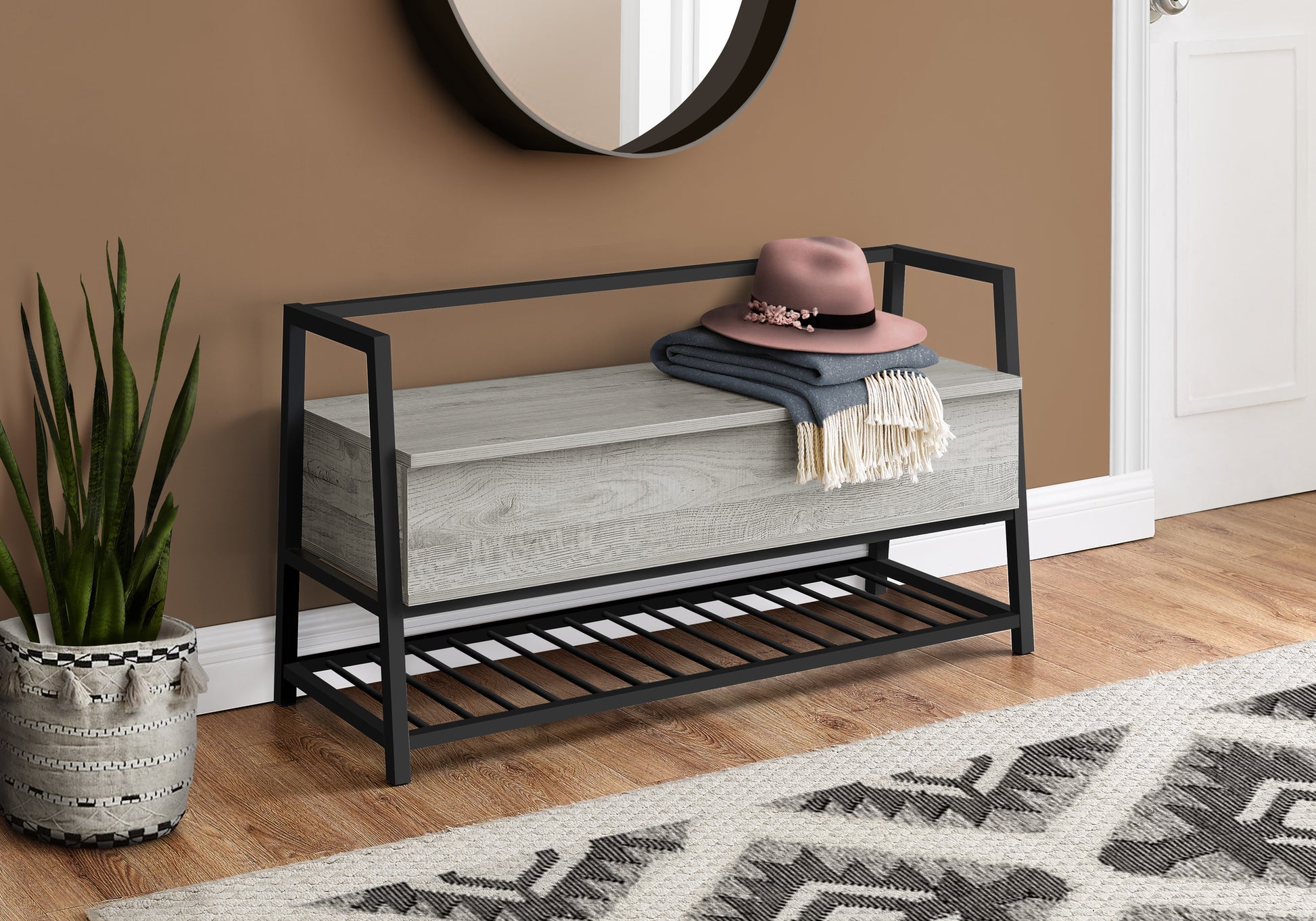 Bench, Entryway, Hallway, Storage, 42" Rectangular, Grey Laminate, Black Metal, Contemporary, Modern Grey Mdf