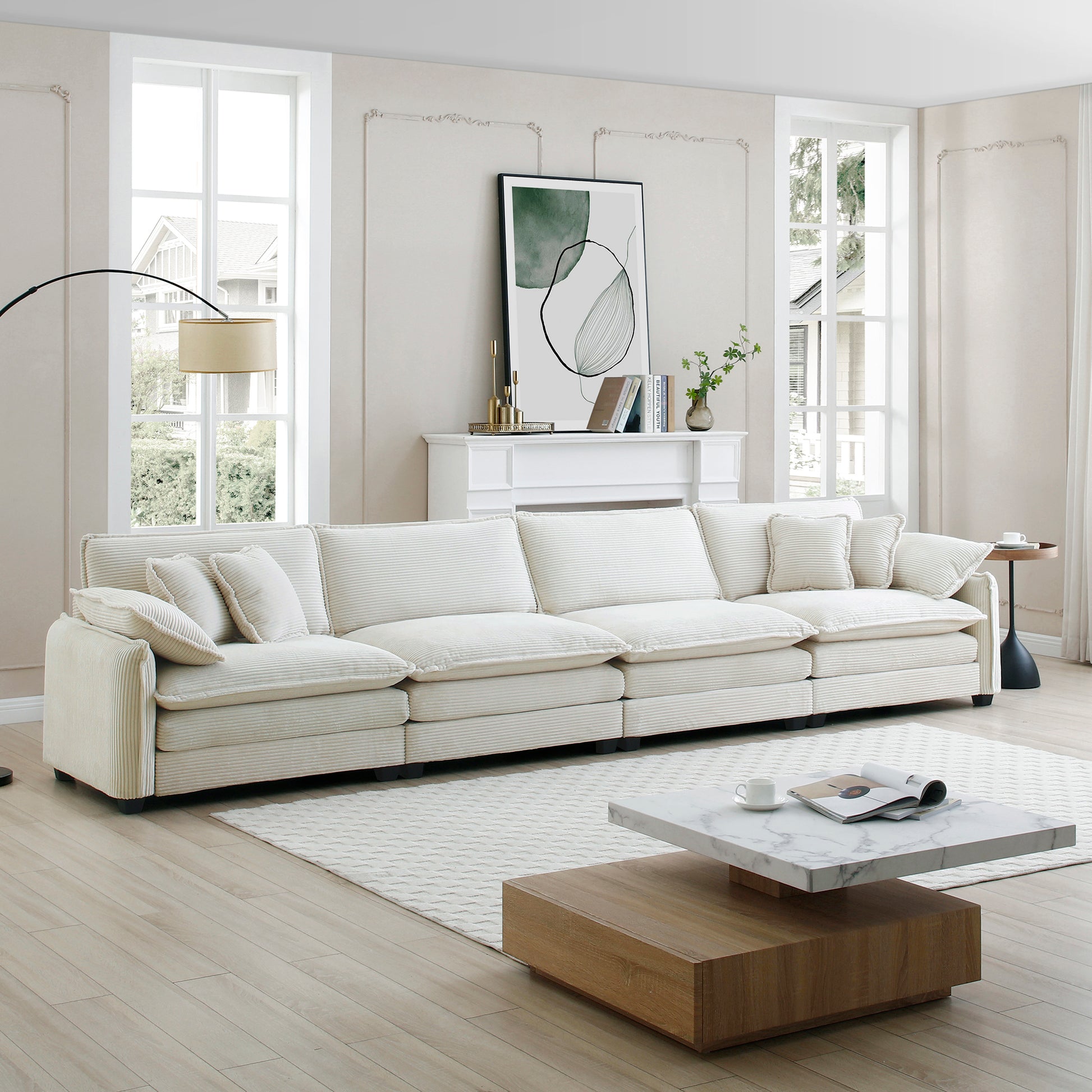 Corduroy Sofamodern Upholstered 4 Seater Corduroy Fabric Sofaoffice Living Room Apartment Comfortable Sofa, Easy To Assemble With 2 Arm Pillows And 4 Throw Pillows Beige Corduroy 4 Seat