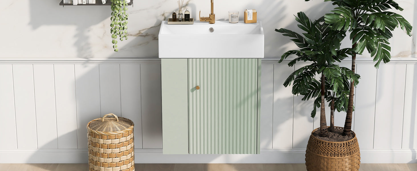 Video 21.6 Inch Modern Floating Bathroom Vanity With Ceramic Basin Perfect For Small Bathrooms, Left Side Storage Green Bathroom Ceramic Mdf