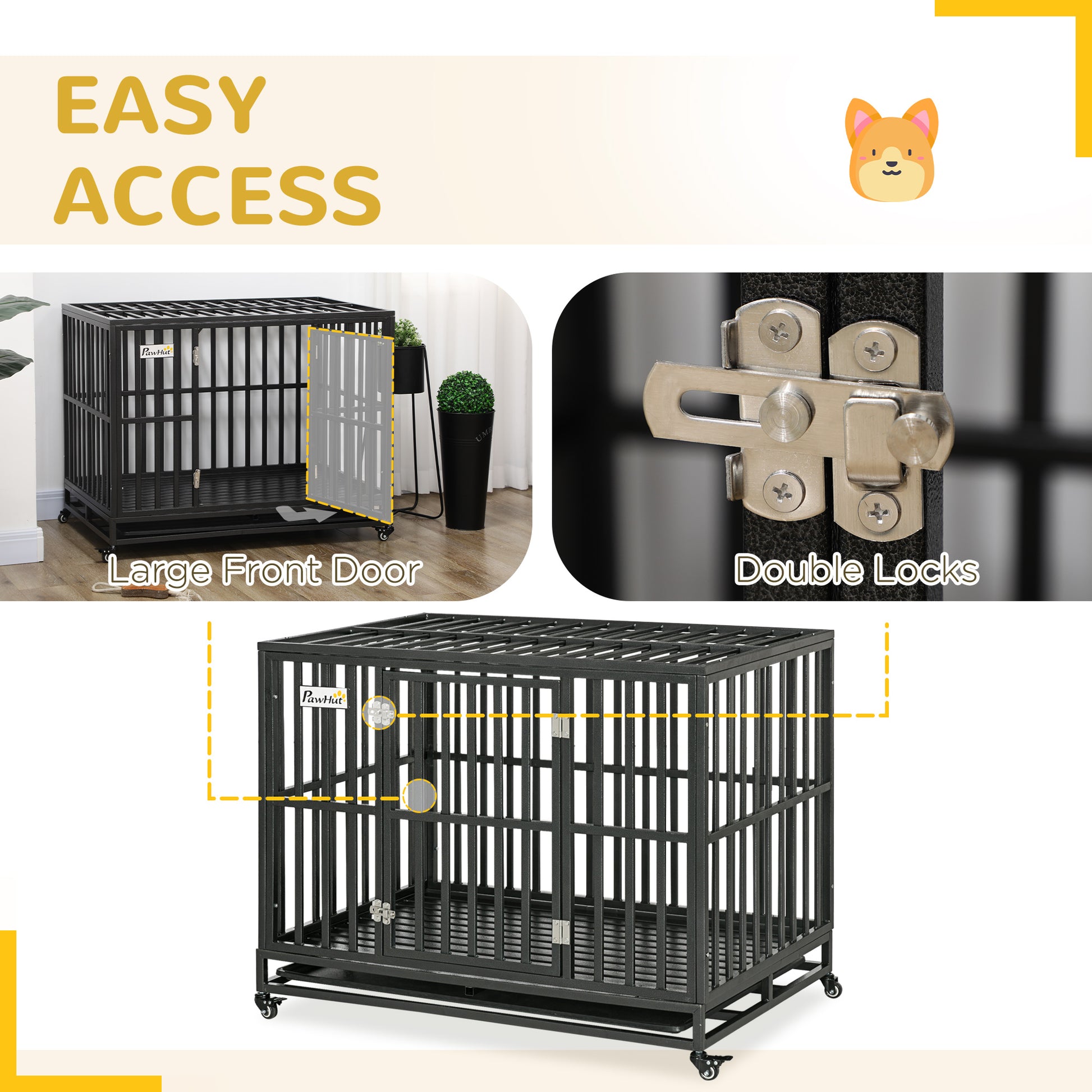 Pawhut Heavy Duty Dog Crate Metal Kennel And Cage Dog Playpen With Lockable Wheels, Slide Out Tray And Anti Pinching Floor, 45" X 29.5" X 35" Black Steel