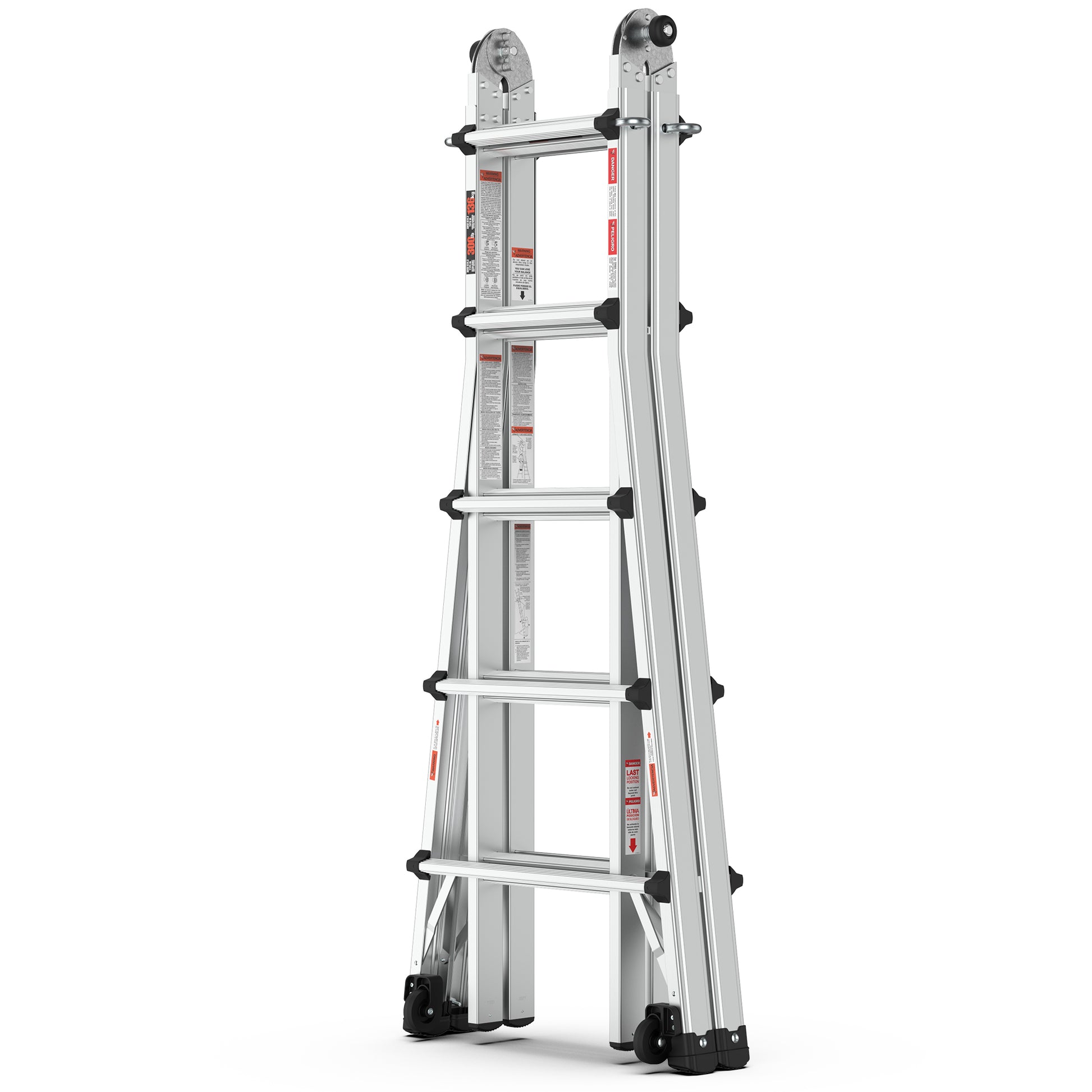 Aluminum Multi Position Ladder With Wheels, 300 Lbs Weight Rating, 22 Ft Metallic Grey Aluminium Alloy