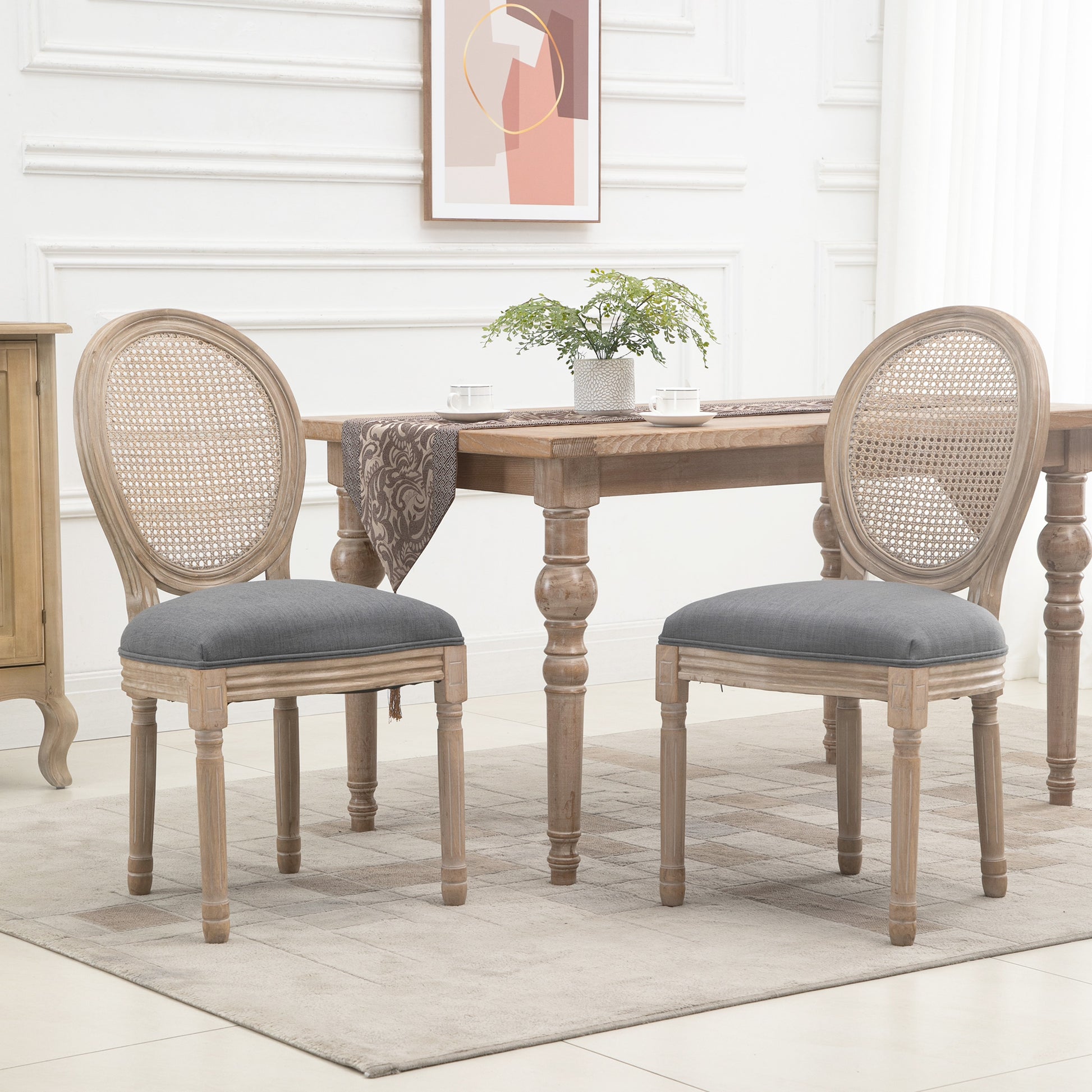 Homcom French Style Upholstered Dining Chair Set, Armless Accent Side Chairs With Rattan Backrest And Linen Touch Upholstery, Set Of 2, Gray Grey Wood