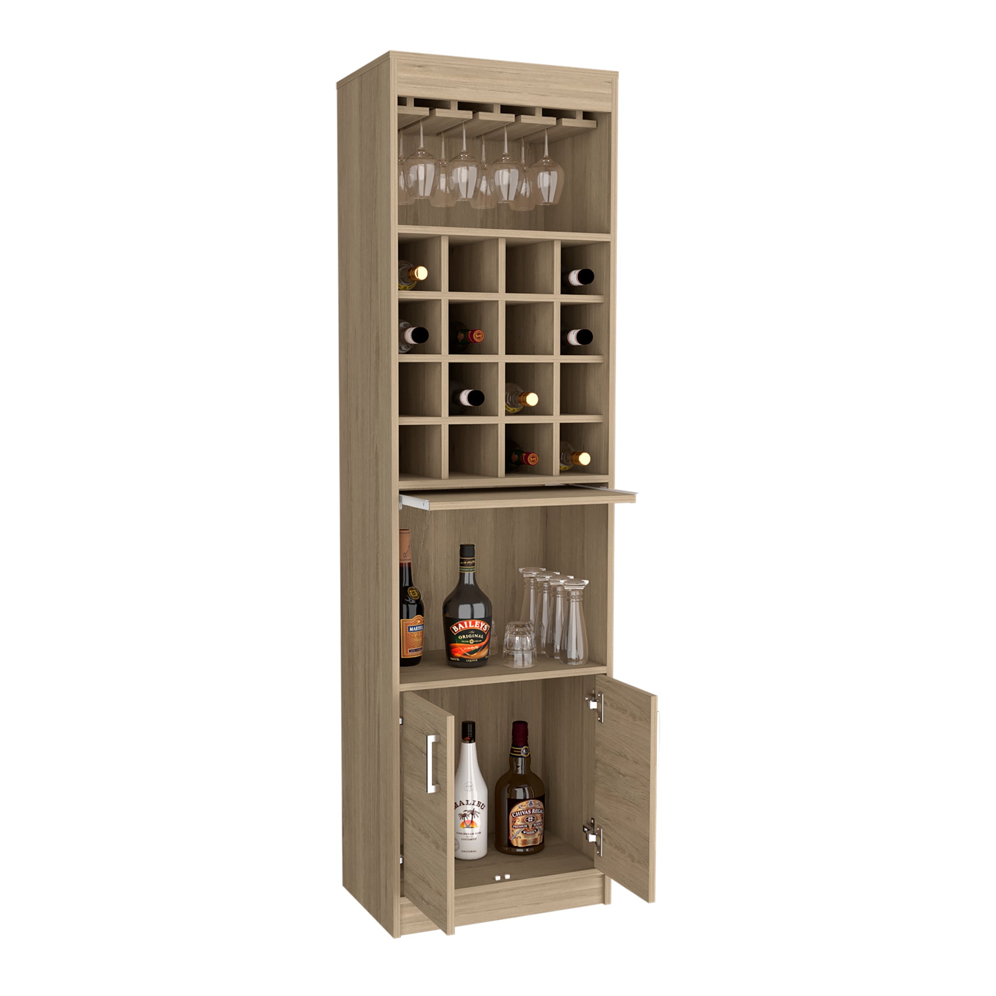 Being Kava Bar Cabinet, Double Door, Two Shelves, Sixteen Built In Wine Rack Light Pine Beige Particle Board Particle Board