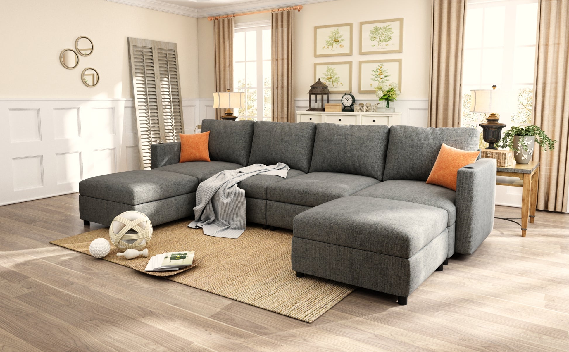 Modern Large Sectional Sofa, U Shape Modular Sectional Couch With Storage Function,123" Sofa Bed With Ottoman,6 Seat Sectionals Chaise For Living Room,Chenille Grey Fabric 6 Seat