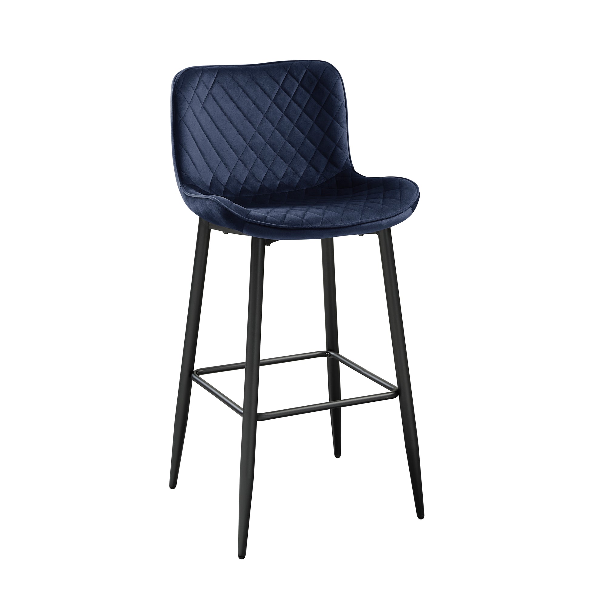 Set Of 2 Pub Height Chairs Dark Blue Velvet Upholstery Modern Casual Dining Furniture Metal Legs, 29 Inch Seat Height, Bar Chairs Blue Metal