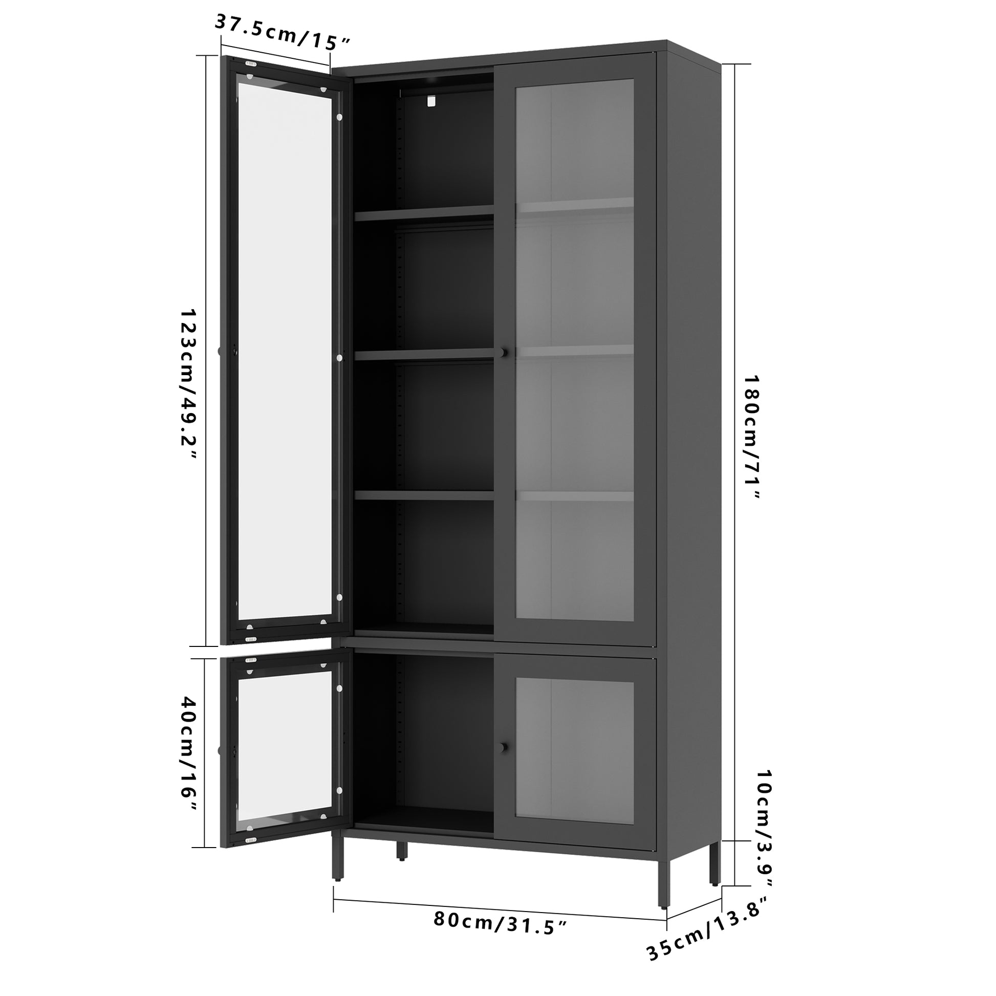 Large Metal Storage Cabinet Display Cabinet With 4 Glass Doors 5 Shelves Side Cabinet Bookcase Freestanding Cabinet For Bedroom Living Room Pantry Home Office Black, Reinforced Tempered Glass Freestanding 5 Or More Shelves Black Primary Living Space