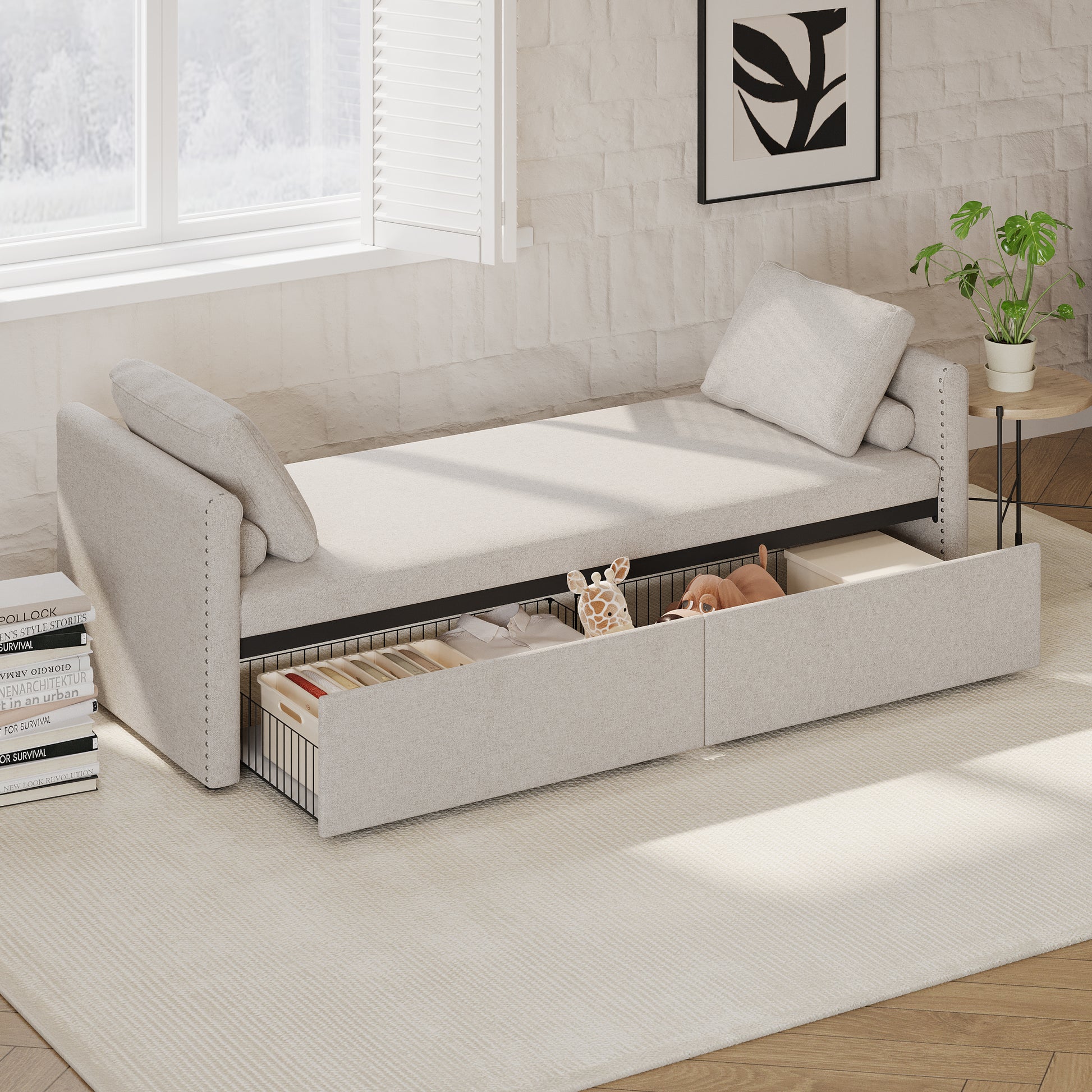 Modern Upholstered Chaise Lounger Daybed Small Single Daybed With 2 Drawers, No Mattress Needed, Perfect For Living Rooms & Home Office, Linen Fabric, Beige Beige Linen