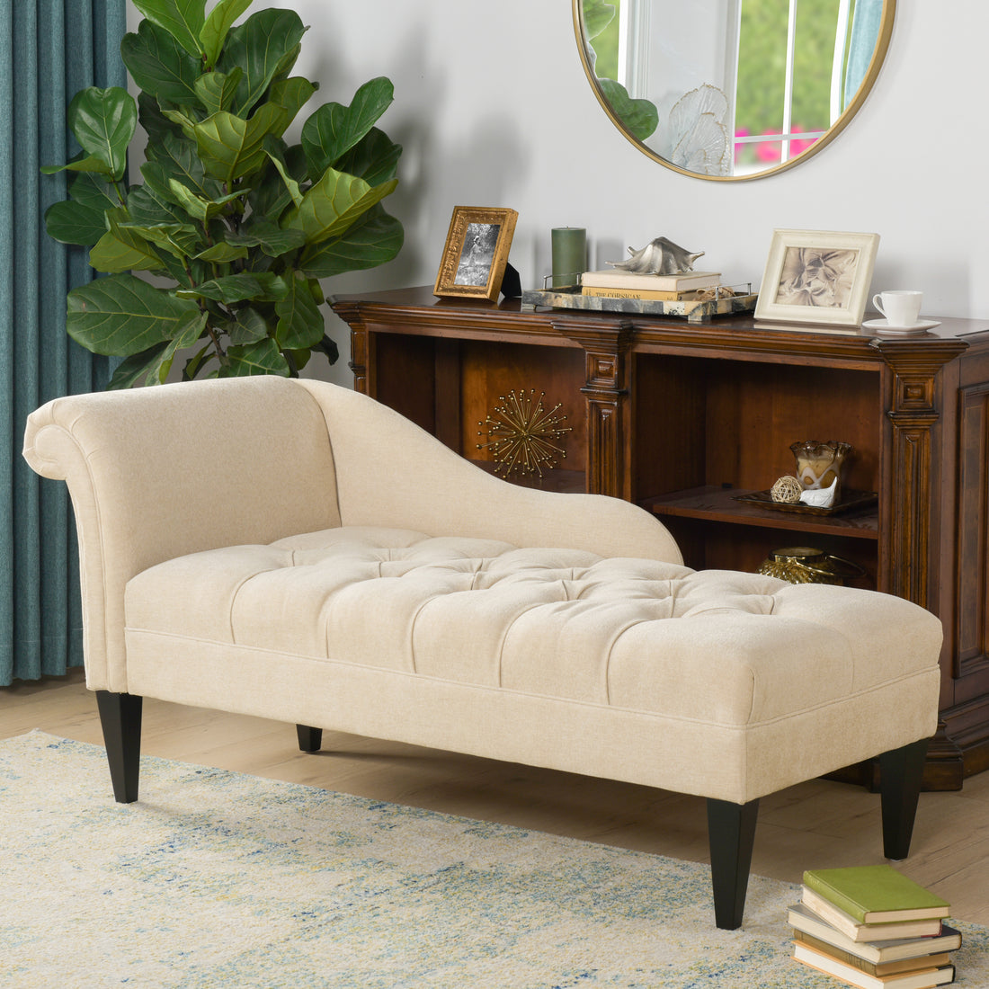Harrison Tufted Roll Arm Chaise Lounge, Beige Chenille Beige Foam Chenille