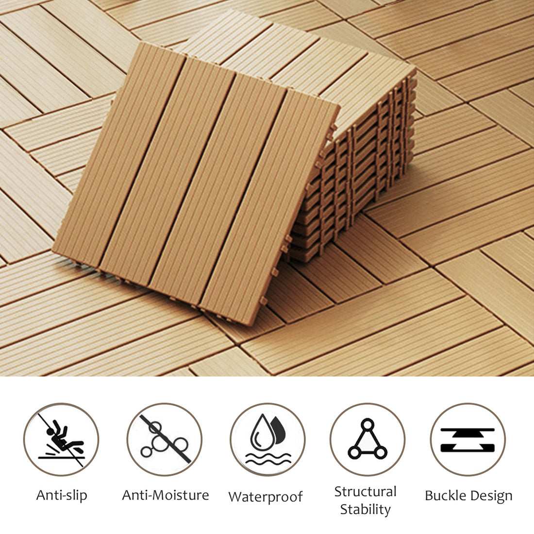 Plastic Composite Deck Tiles Set Of 35Pcs, Composite Decking Resist Rust, Water, Weather, Indoor&Outdoor, Easy To Diy & Maintain, Ideal For Patios, Balconies, Rooftops, Decks, 12X12" Wood Color Wood Modern Plastic Plastic