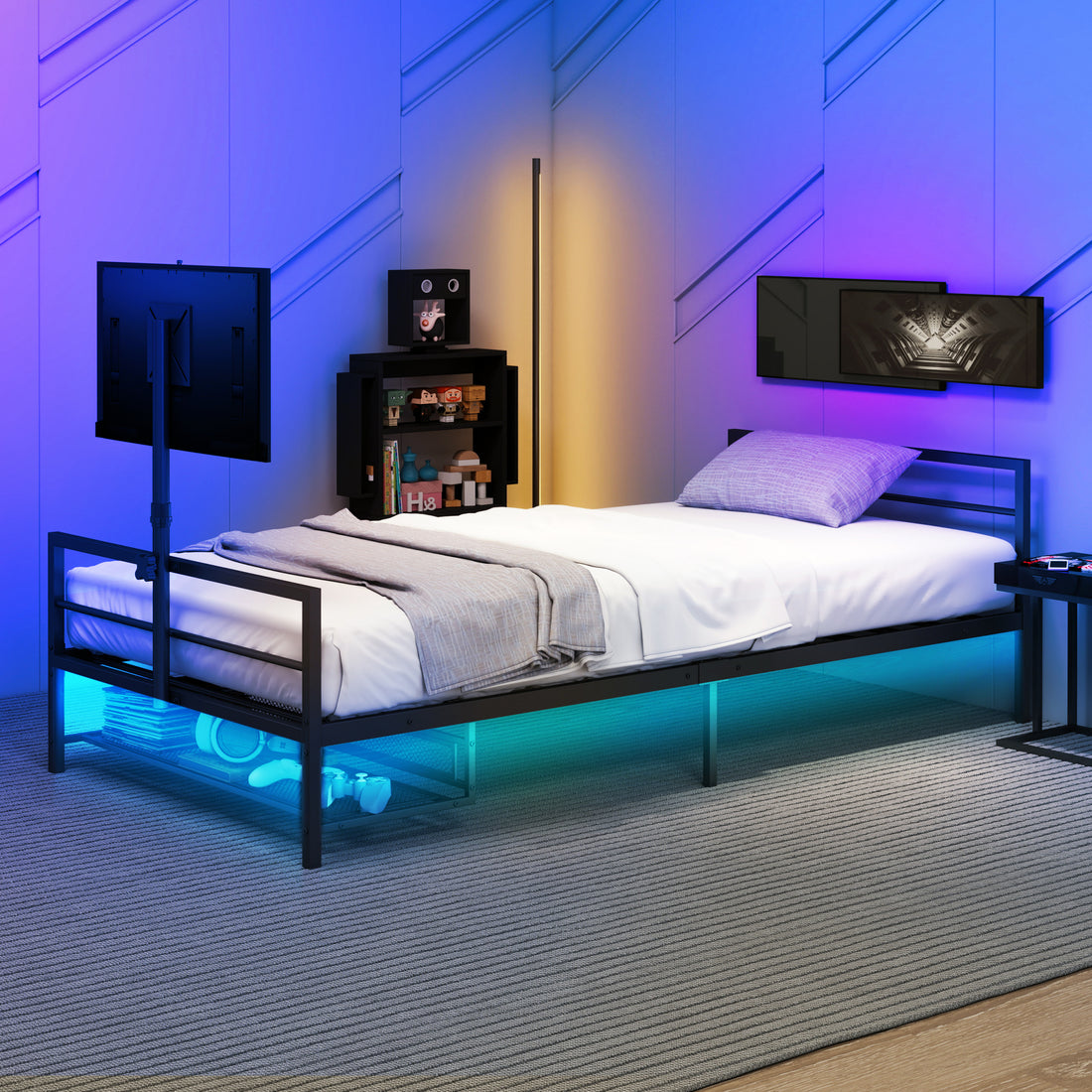 Gaming Bed With Rotating Tv Mount And Metal Mesh Frame,Vented Console Storage, Iron Bed With Led Twin Black Modern Iron